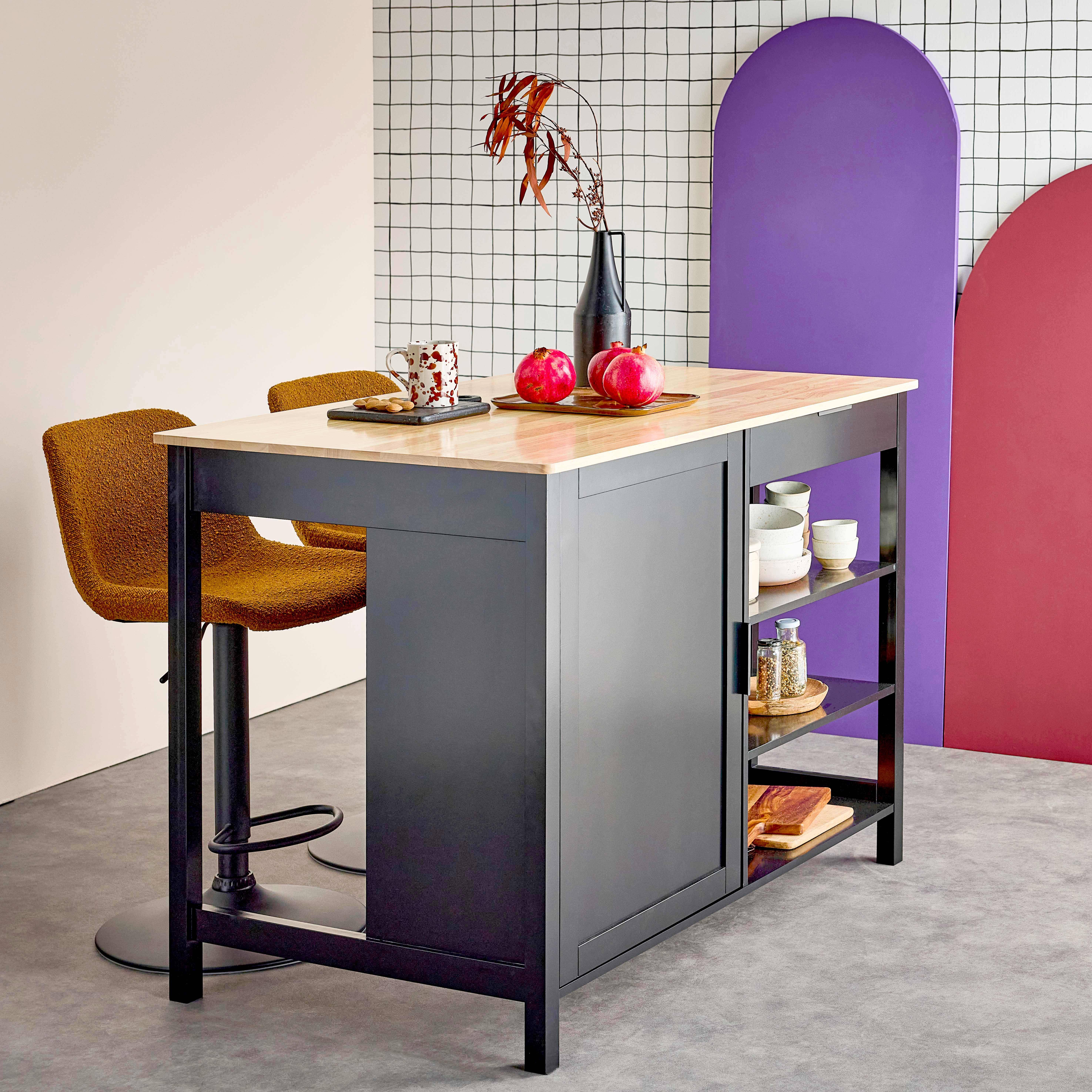 3-in-1-Kücheninsel schwarz, Stauraum, Arbeitsfläche, Esstisch, 5 Regale, 1 Tür, 1 Schublade, B 120 x T 75 x H 90cm - Molene Photo1