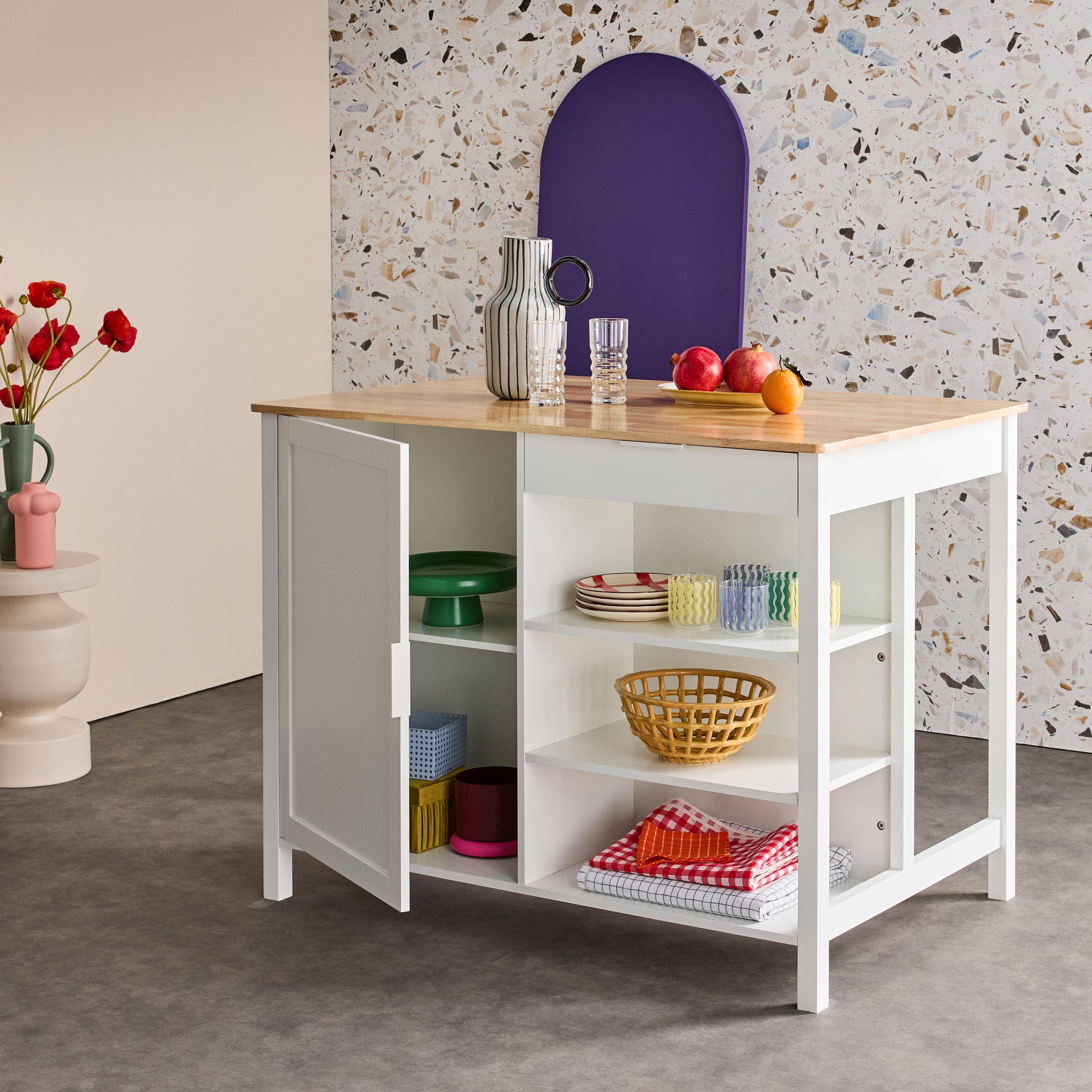 Îlot central de cuisine MOLENE, plateau en bois d'hévéa, 120x75cm, blanc, 5 étagères, 1 porte, 1 tiroir, L 120 x P 75 x H 90cm Photo1
