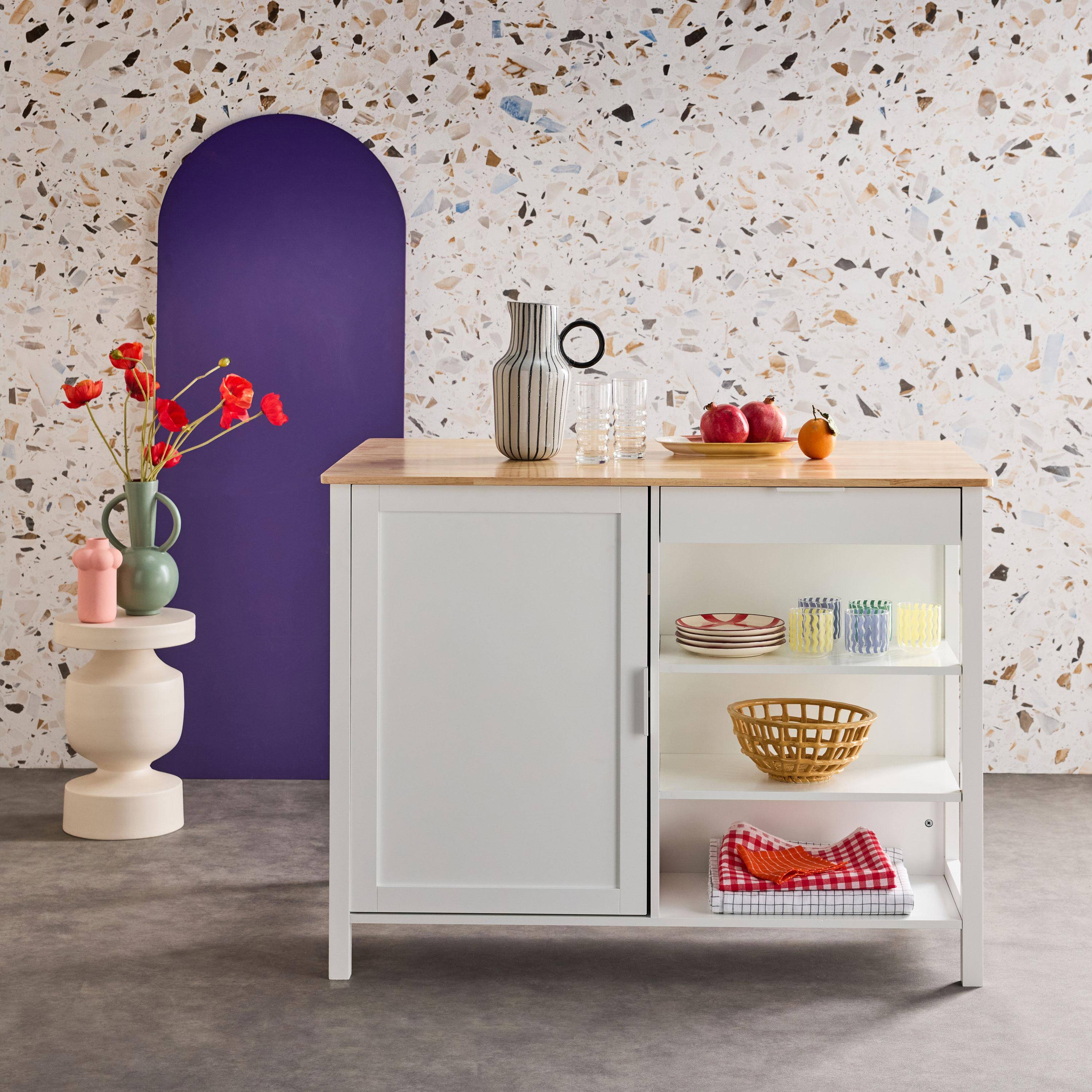 Îlot central de cuisine MOLENE, plateau en bois d'hévéa, 120x75cm, blanc, 5 étagères, 1 porte, 1 tiroir, L 120 x P 75 x H 90cm Photo2