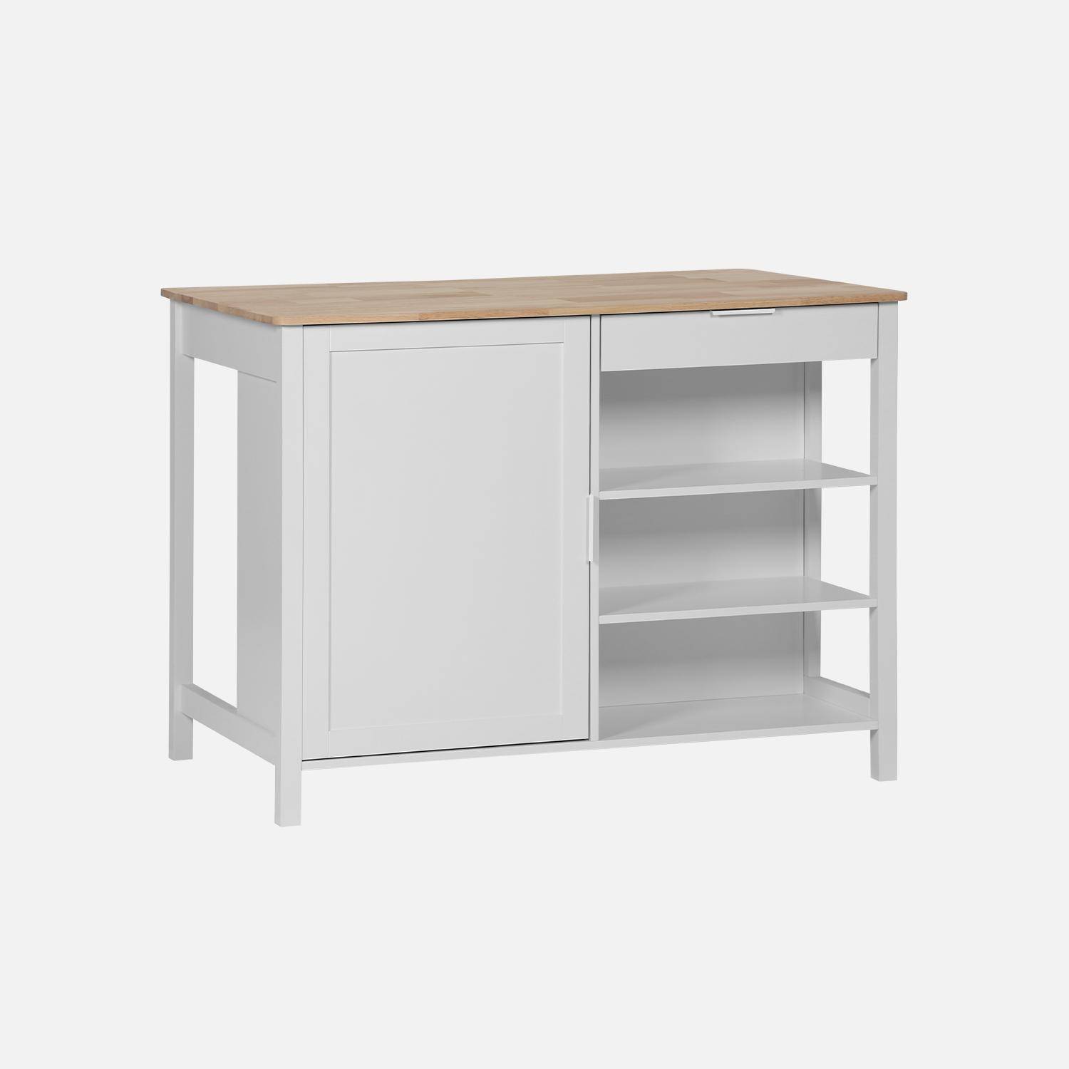 Îlot central de cuisine MOLENE, plateau en bois d'hévéa, 120x75cm, blanc, 5 étagères, 1 porte, 1 tiroir, L 120 x P 75 x H 90cm,sweeek,Photo3