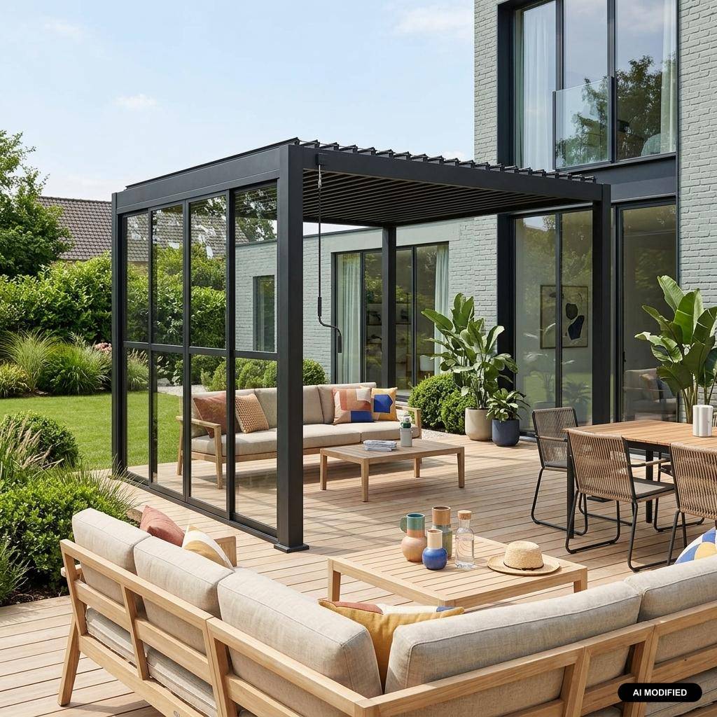 3m schuifdeur voor Triomphe pergola, antraciet, aluminium en polycarbonaatglas, 279 x 236,5cm Photo1
