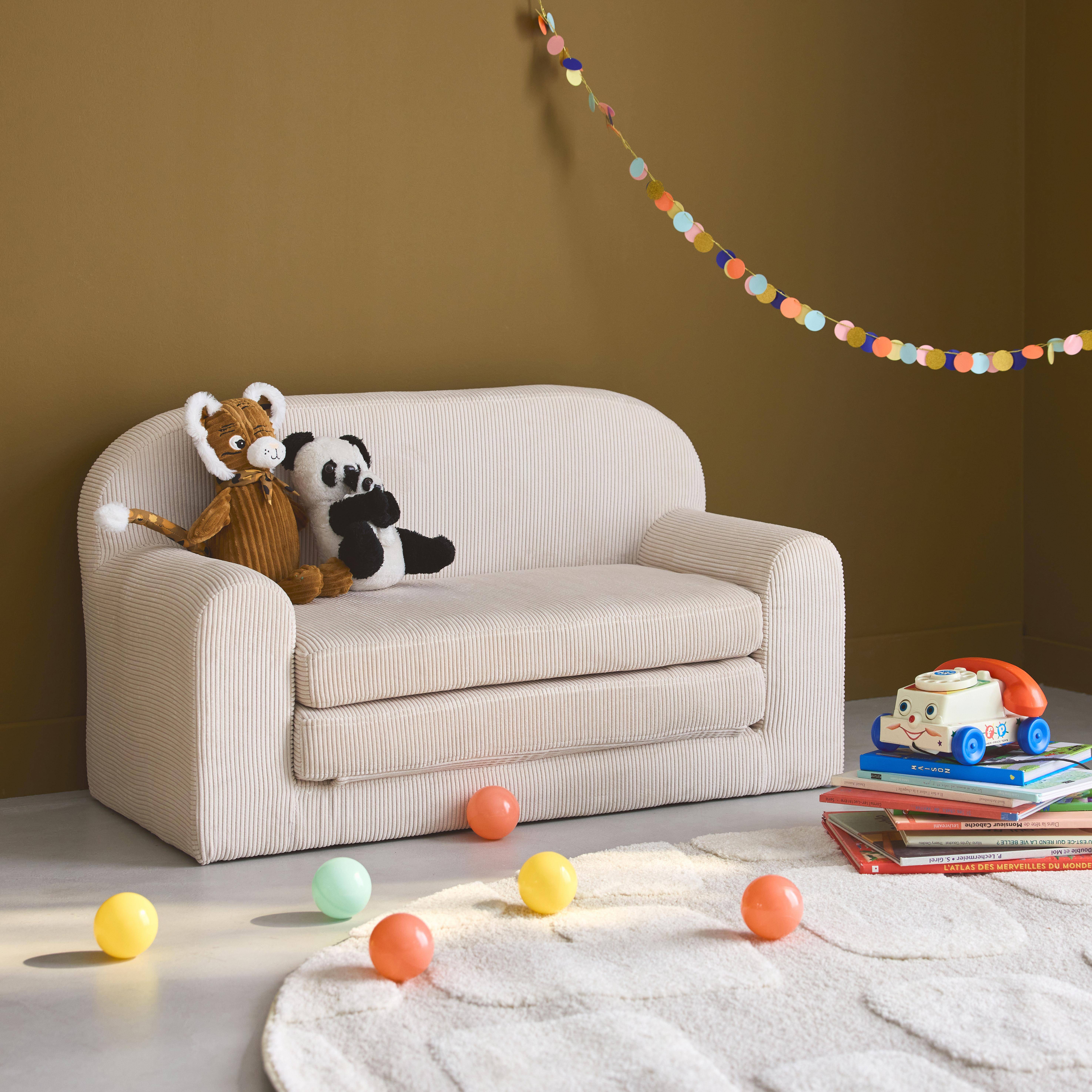 Ausziehbares Kinderschlafsofa mit Cordbezug, cremefarben, L 90 x T 43 x H 51,5 cm. Photo1