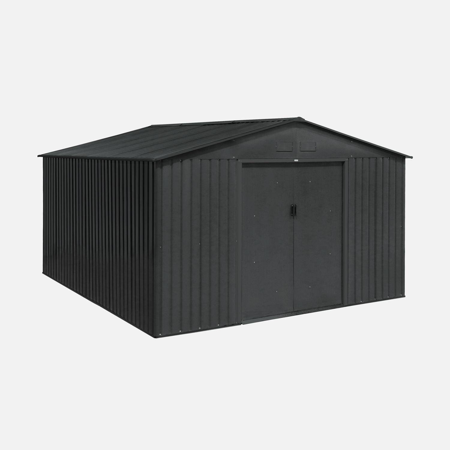 Metalen tuinhuisje 12,99 m² antraciet - Twee schuifdeuren, inclusief vloerbevestigingsset, L 341 x 386 x 211cm Photo1