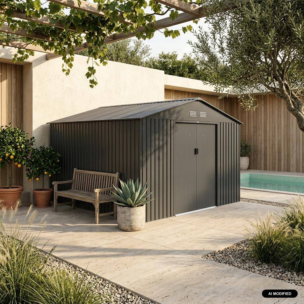 Metalen tuinhuisje 12,99 m² antraciet - Twee schuifdeuren, inclusief vloerbevestigingsset, L 341 x 386 x 211cm Photo1