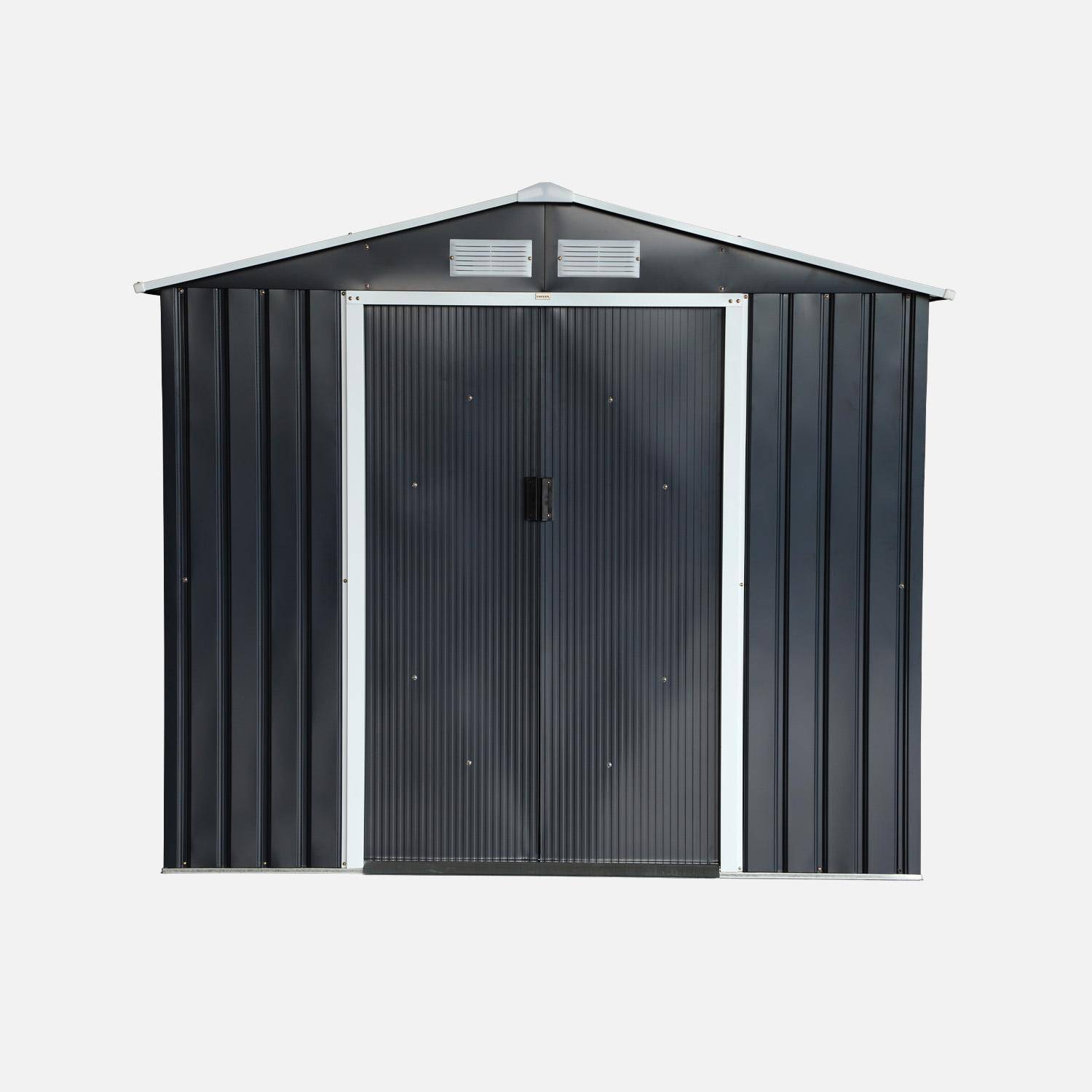 Abri de jardin en métal - Houtland, 2,71 m² anthracite - Cabane à outils avec double portes coulissantes, kit de fixation sol inclus, L 213 x P 131 x H 185cm Photo2