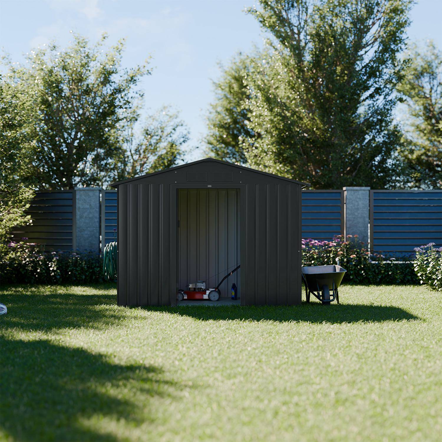 Abri de jardin en métal - Houtland, 2,71 m² anthracite - Cabane à outils avec double portes coulissantes, kit de fixation sol inclus, L 213 x P 131 x H 185cm Photo1