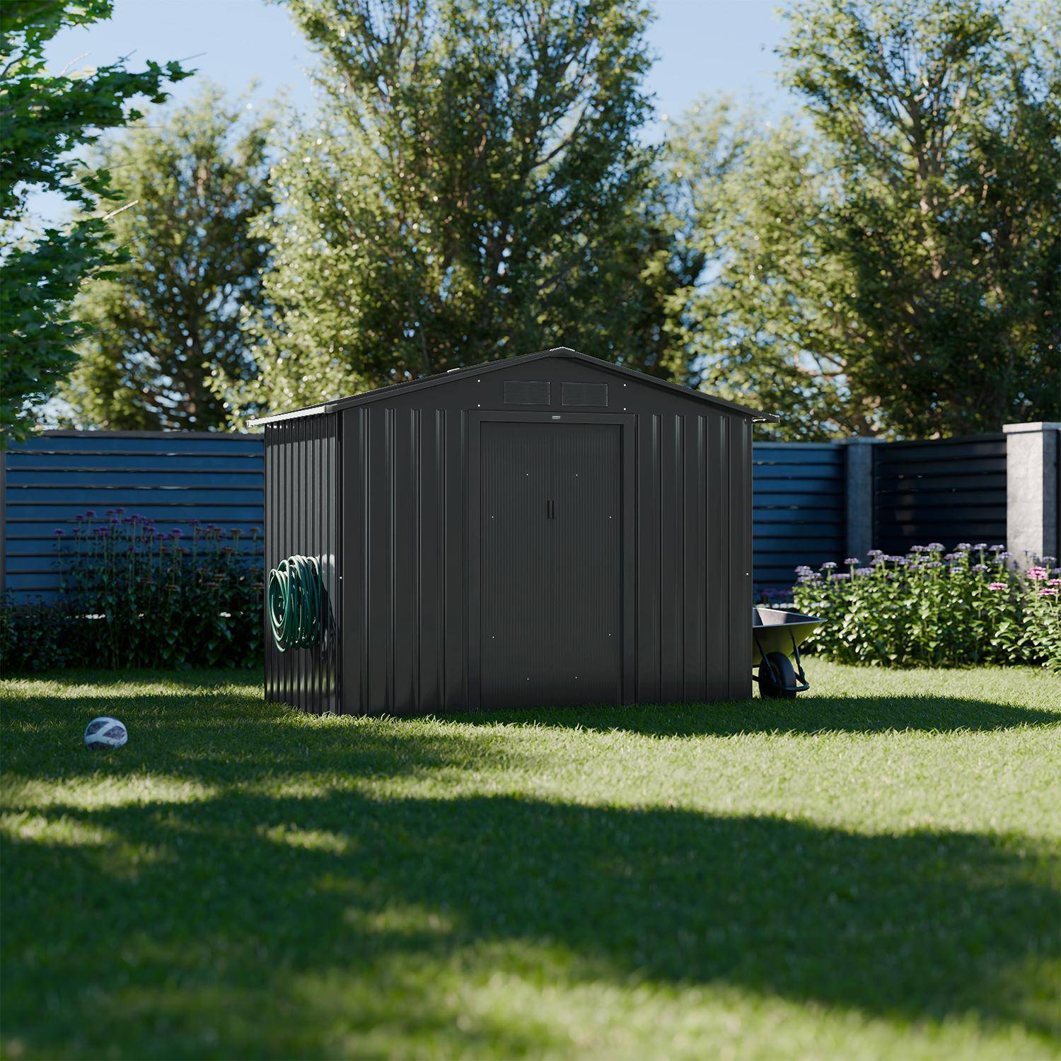 Abri de jardin en métal - Houtland, 2,71 m² anthracite - Cabane à outils avec double portes coulissantes, kit de fixation sol inclus, L 213 x P 131 x H 185cm Photo2