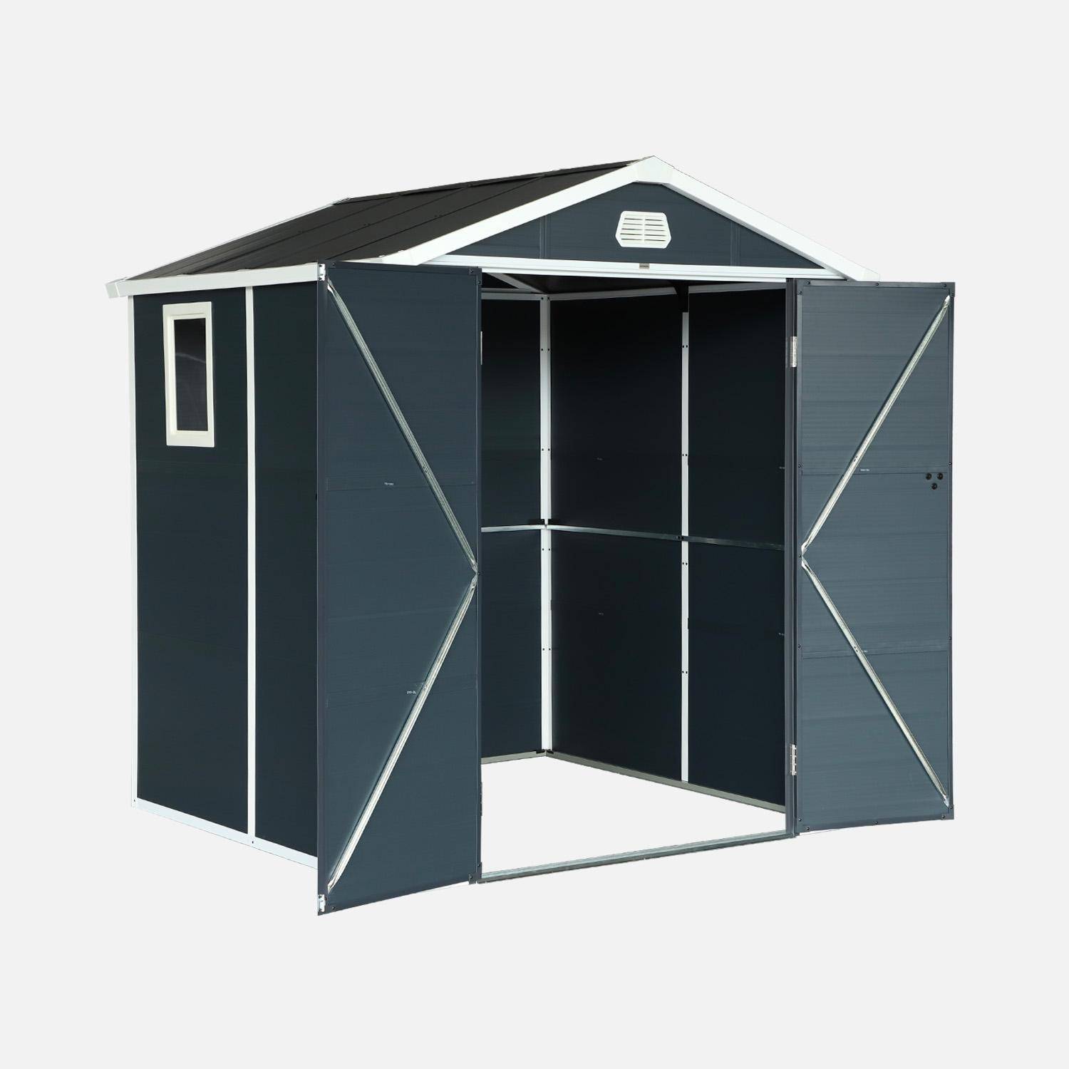 Abri de jardin plastique 3,65 m², anthracite, acier et aluminium, toiture en double pente et grande porte d'entée, 192 x 190 x 219cm,sweeek,Photo8