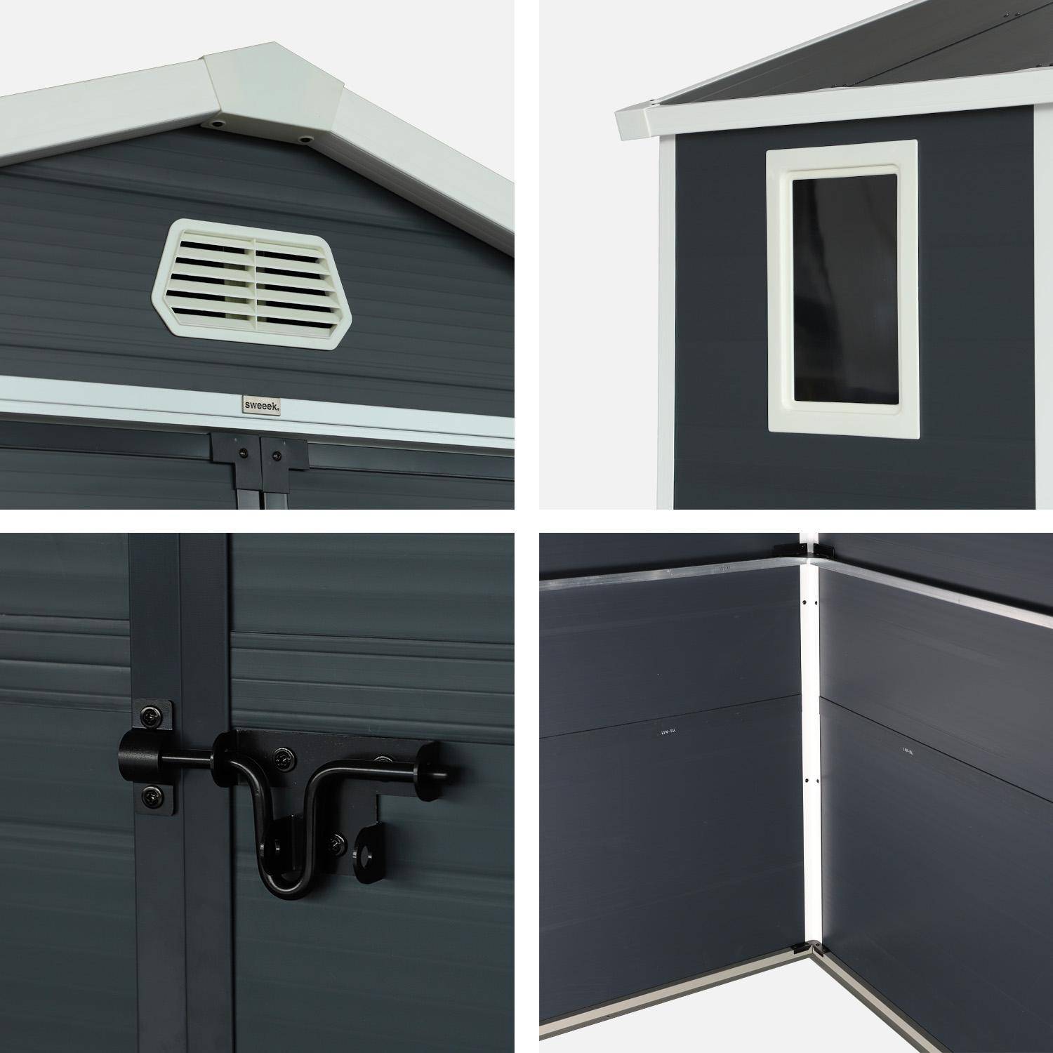 Abri de jardin plastique 3,65 m², anthracite, acier et aluminium, toiture en double pente et grande porte d'entée, 192 x 190 x 219cm,sweeek,Photo7
