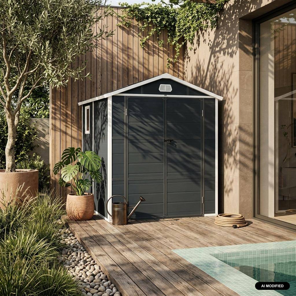 Abri de jardin plastique 3,65 m², anthracite, acier et aluminium, toiture en double pente et grande porte d'entée, 192 x 190 x 219cm Photo1