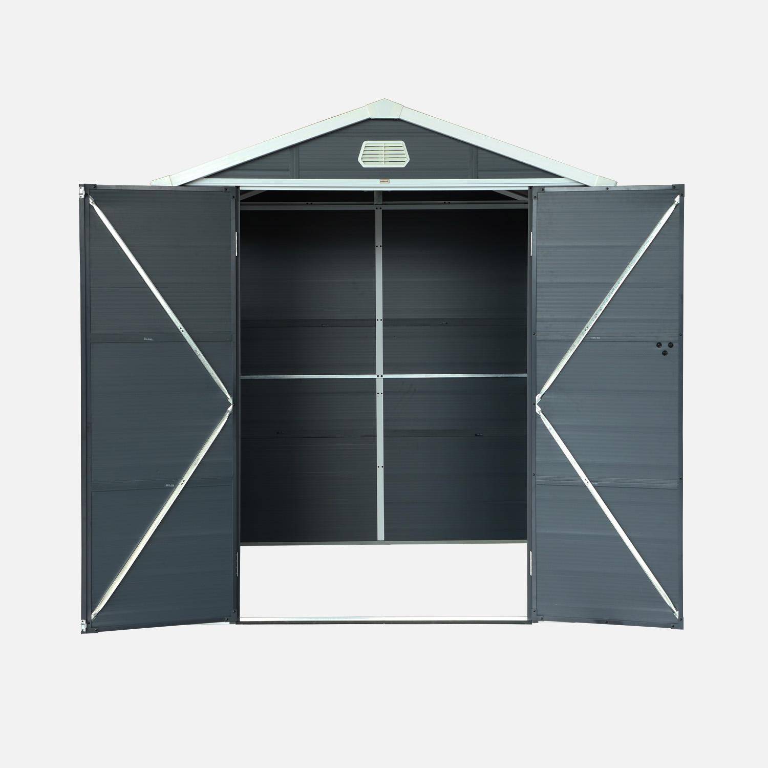 Abri de jardin plastique 3,65 m², anthracite, acier et aluminium, toiture en double pente et grande porte d'entée, 192 x 190 x 219cm Photo9