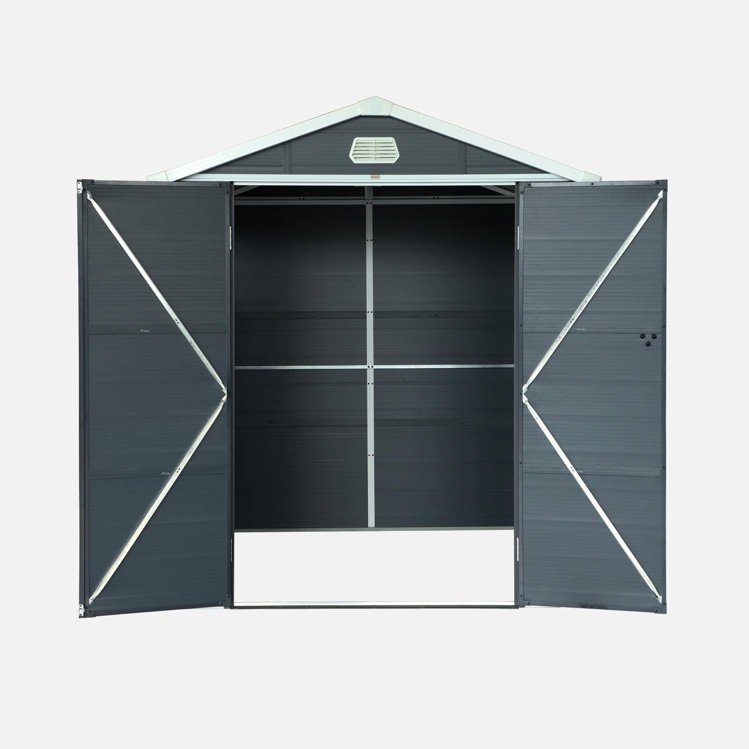 Abri de jardin plastique 3,65 m², anthracite, acier et aluminium, toiture en double pente et grande porte d'entée, 192 x 190 x 219cm,sweeek,Photo10