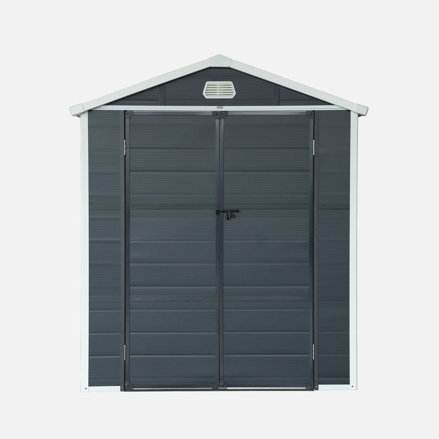 Abri de jardin plastique 3,65 m², anthracite, acier et aluminium, toiture en double pente et grande porte d'entée, 192 x 190 x 219cm,sweeek,Photo8