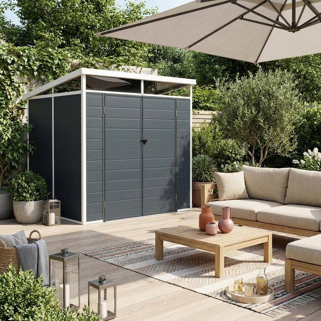 Abri de jardin plastique 4,55 m², anthracite, avec toiture monopente skylight, fenêtre et grande porte d'entrée, 238 x 190 x 215 cm Photo1