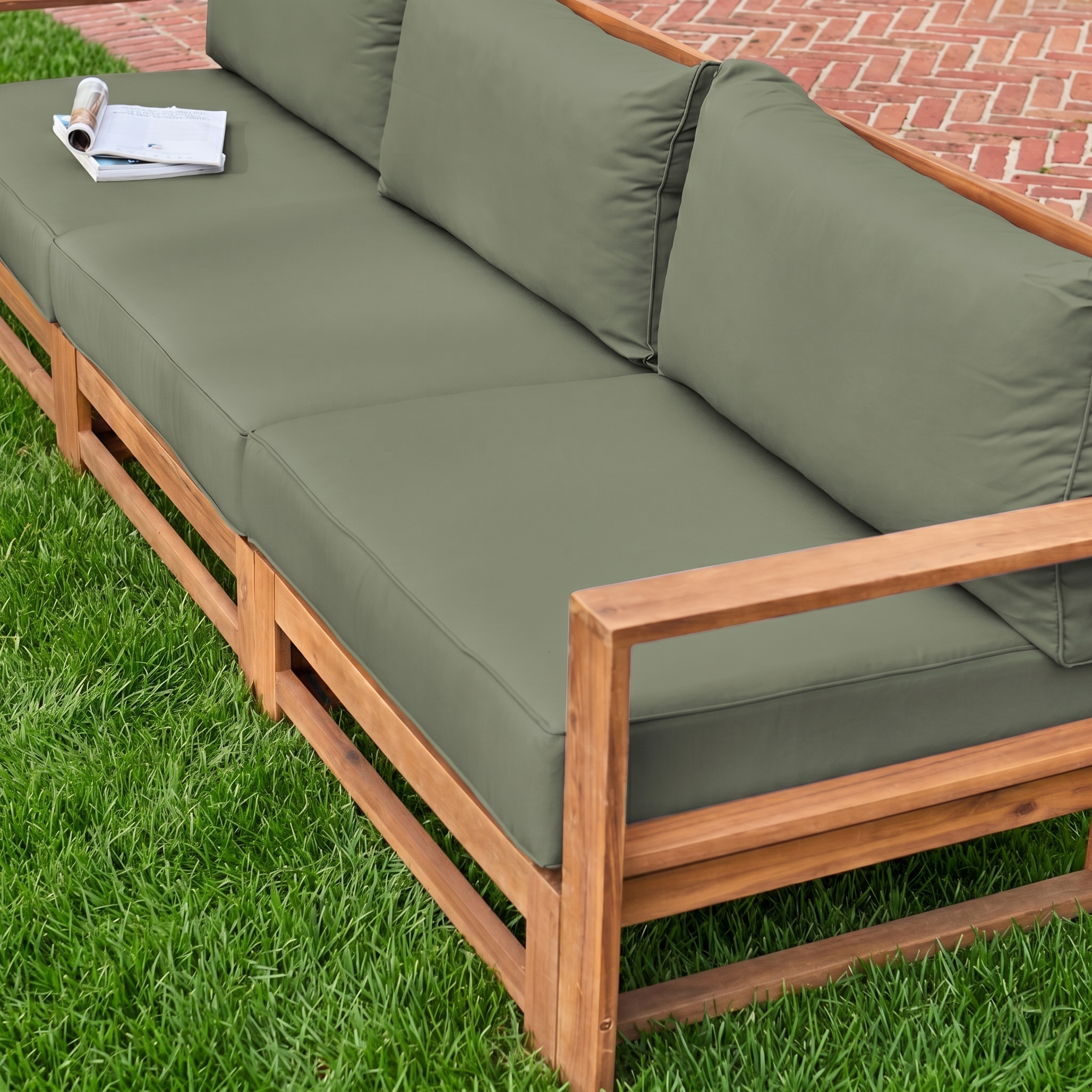 Salon de jardin en bois 5 places - kaki, canapé, fauteuils et table basse en acacia, 6 éléments modulables, 273 x 75 x 72,5cm Photo4
