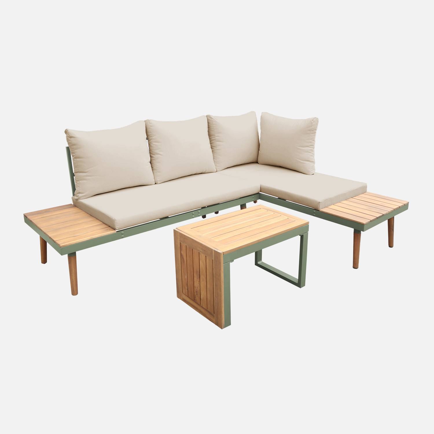 Conjunto de jardim com sofá modular em alumínio e acácia, 4 lugares, Caqui