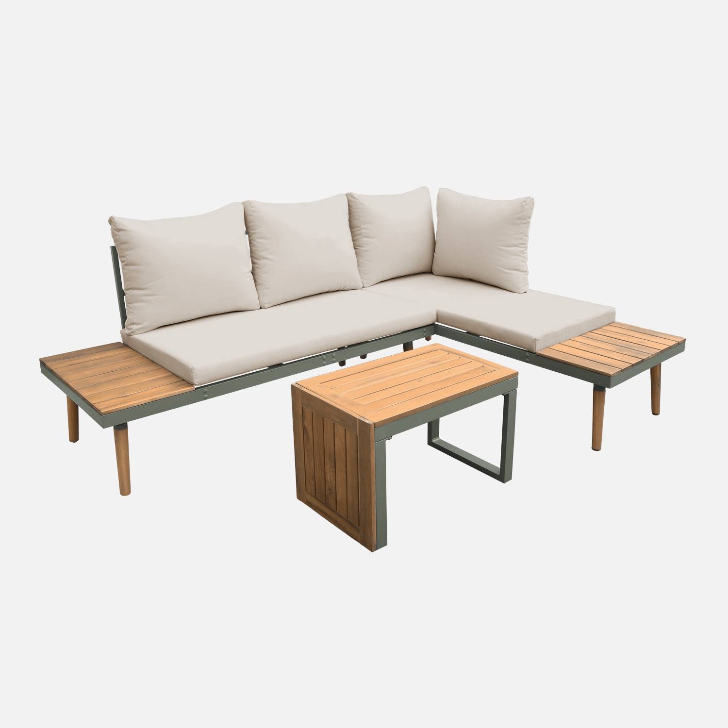 Muebles de jardín de aluminio y en madera de acacia, 4 plazas, Kaki oscuro