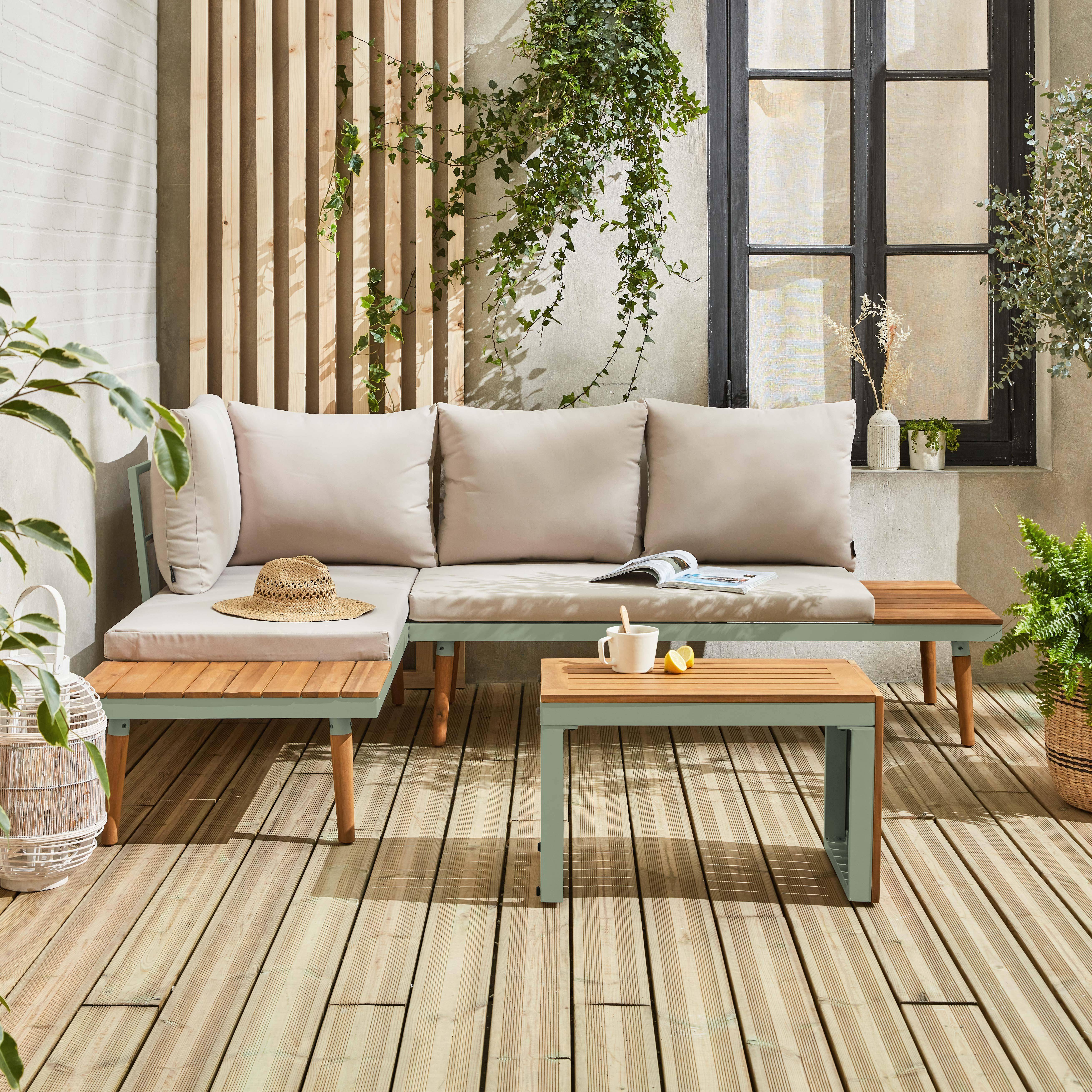 Salotto da giardino a 4 posti in alluminio e acacia, Sao Paulo, Kaki, 140x68x65 cm Photo1