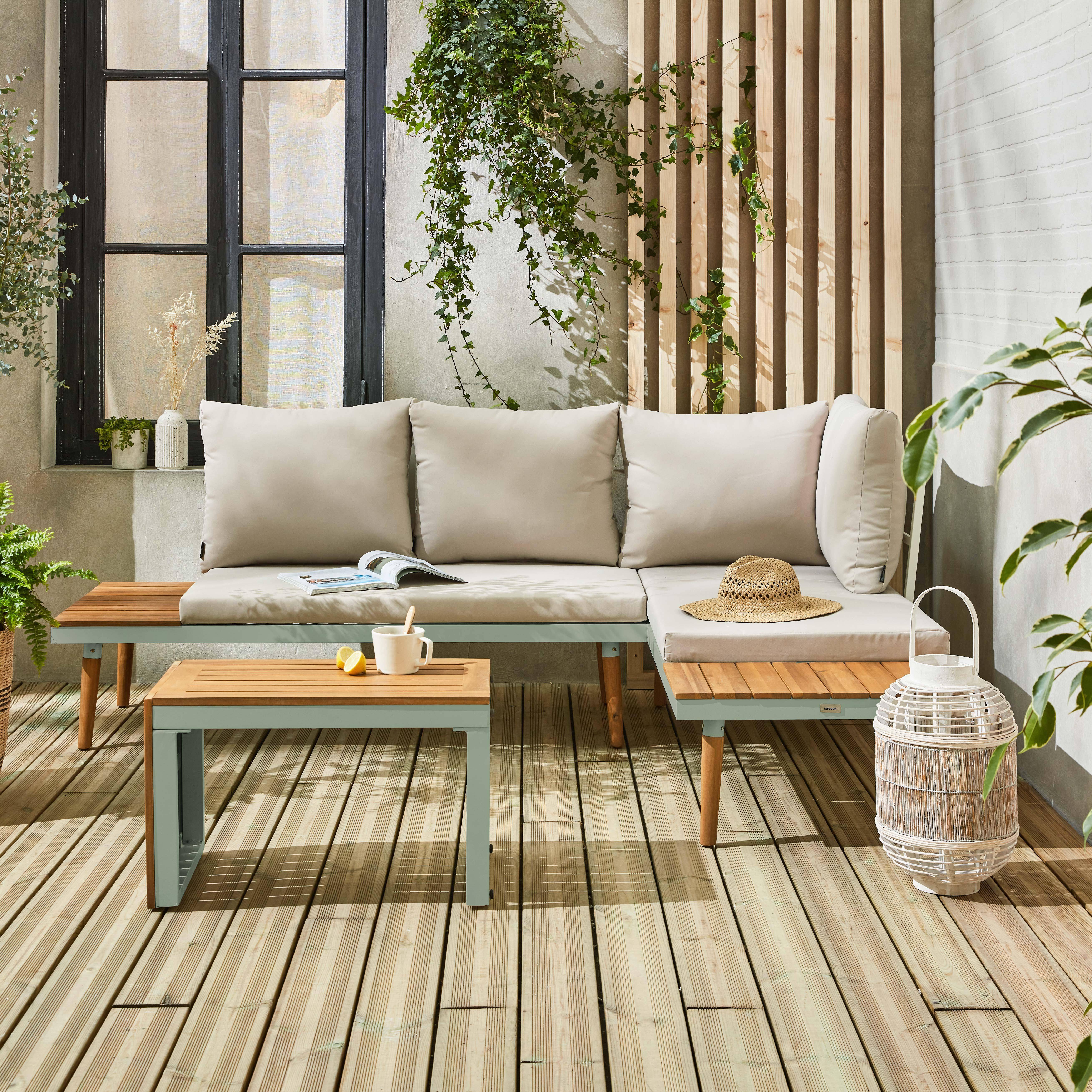 Salotto da giardino a 4 posti in alluminio e acacia, Sao Paulo, Kaki, 140x68x65 cm Photo2