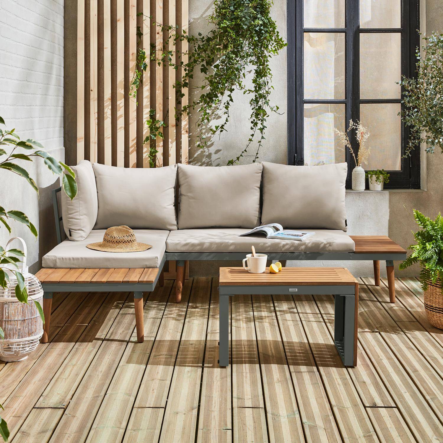 Conjunto de jardim com sofá modular em alumínio e acácia, 4 lugares, Sao Paulo, Caqui, 140x68x65 cm Photo1