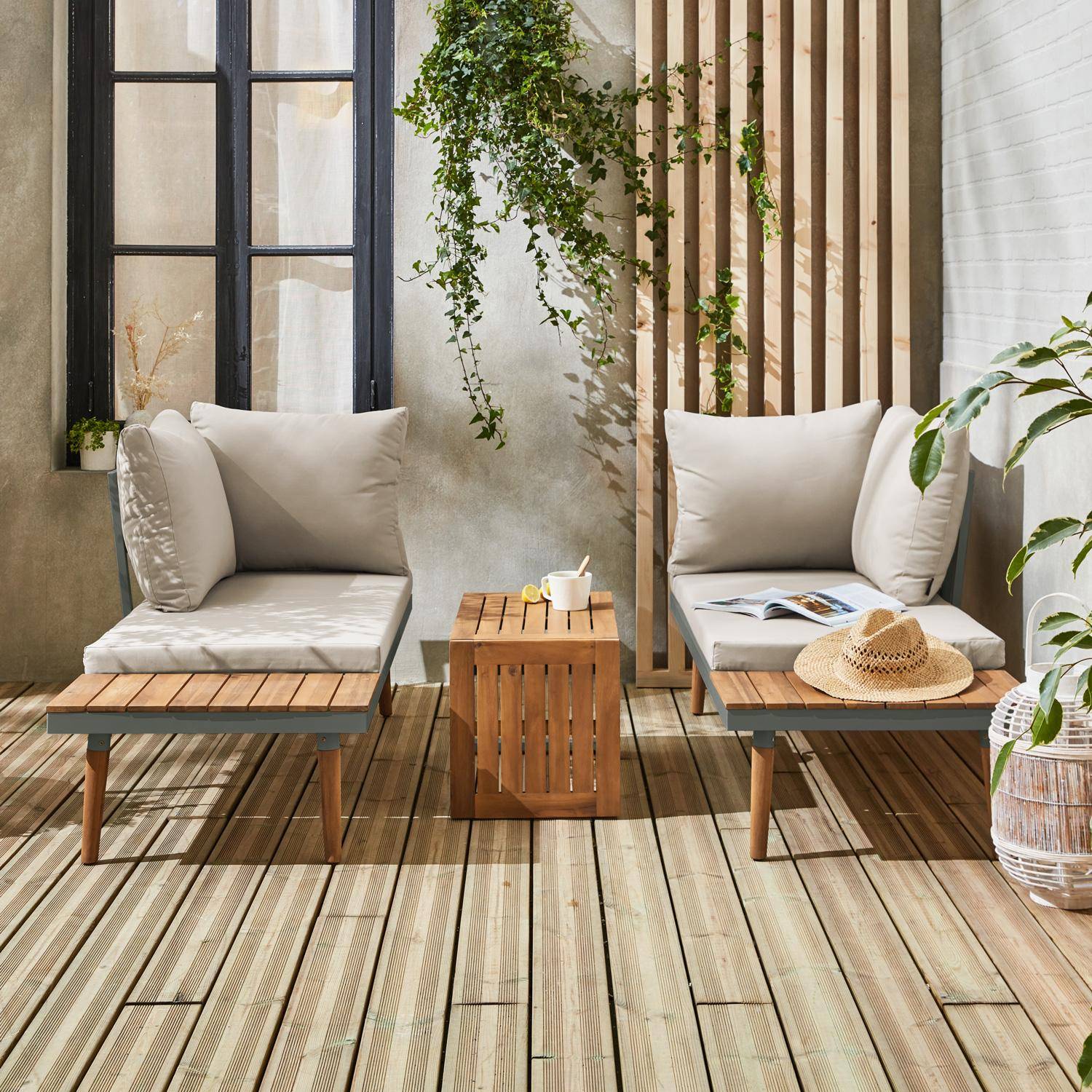 Conjunto de jardim com sofá modular em alumínio e acácia, 4 lugares, Sao Paulo, Caqui, 140x68x65 cm,sweeek,Photo3
