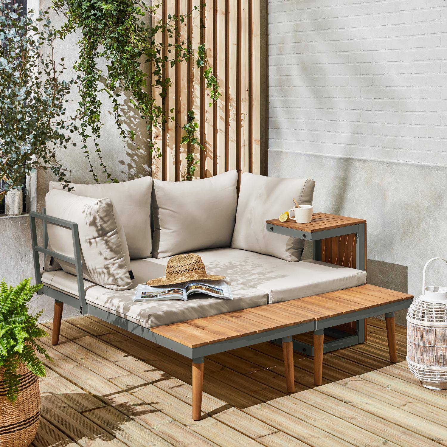 Conjunto de jardim com sofá modular em alumínio e acácia, 4 lugares, Sao Paulo, Caqui, 140x68x65 cm Photo4