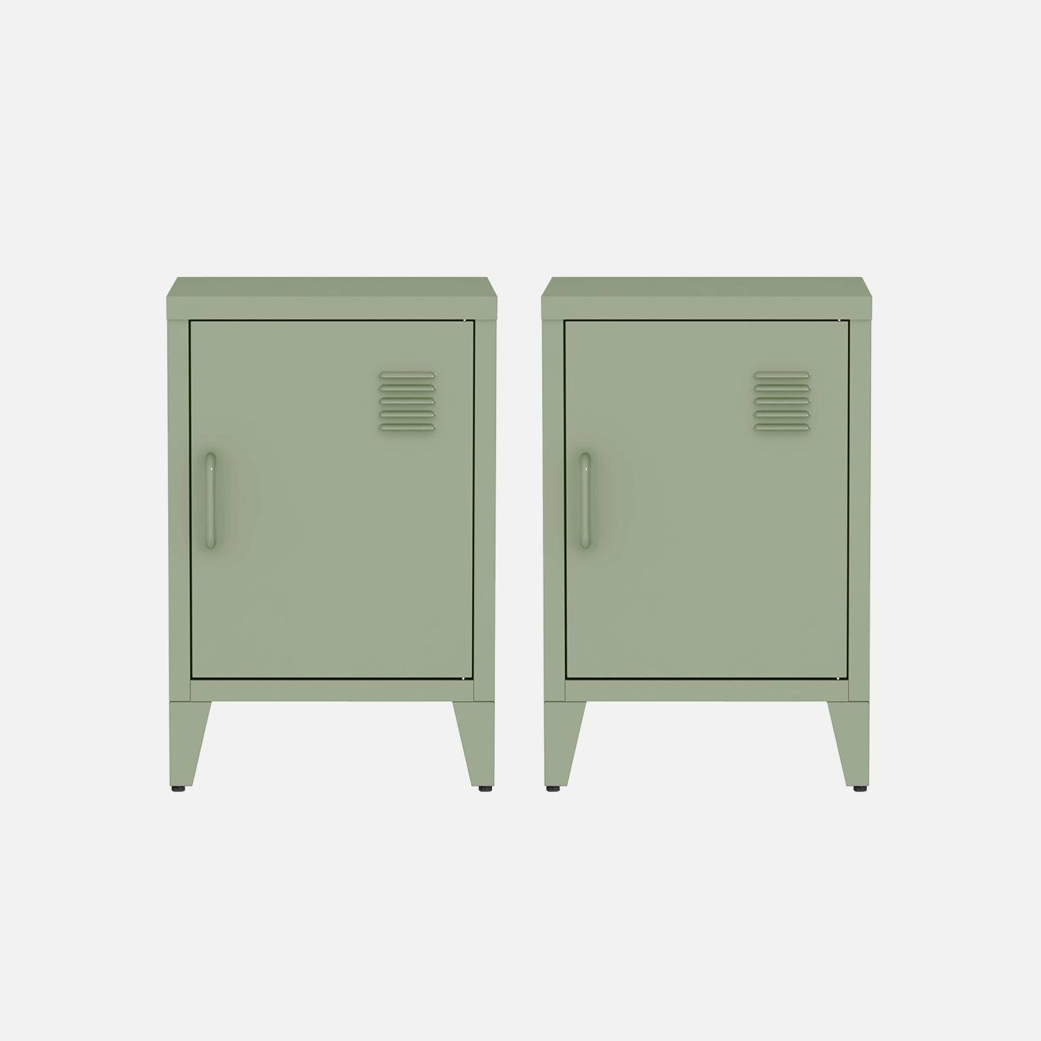 Zestaw 2 stalowych szafek nocnych z jednymi drzwiami- Zielone - L 38 x P 38 x H 55,7 cm,sweeek,Photo4