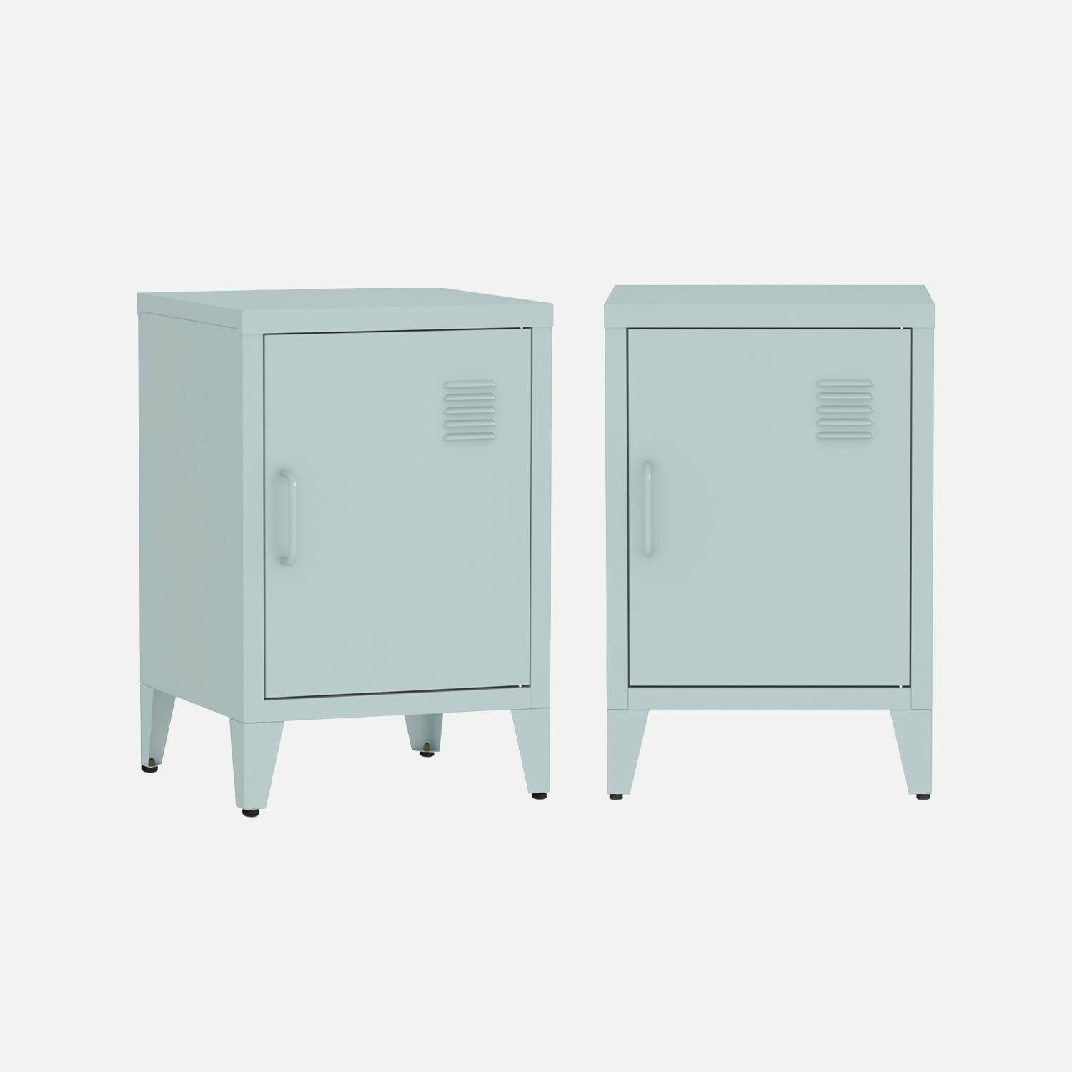 Lot de 2 tables de chevet en acier 1 porte, Bleu clair, casiers, L 38 x P 38 x H 55,7 cm Photo3