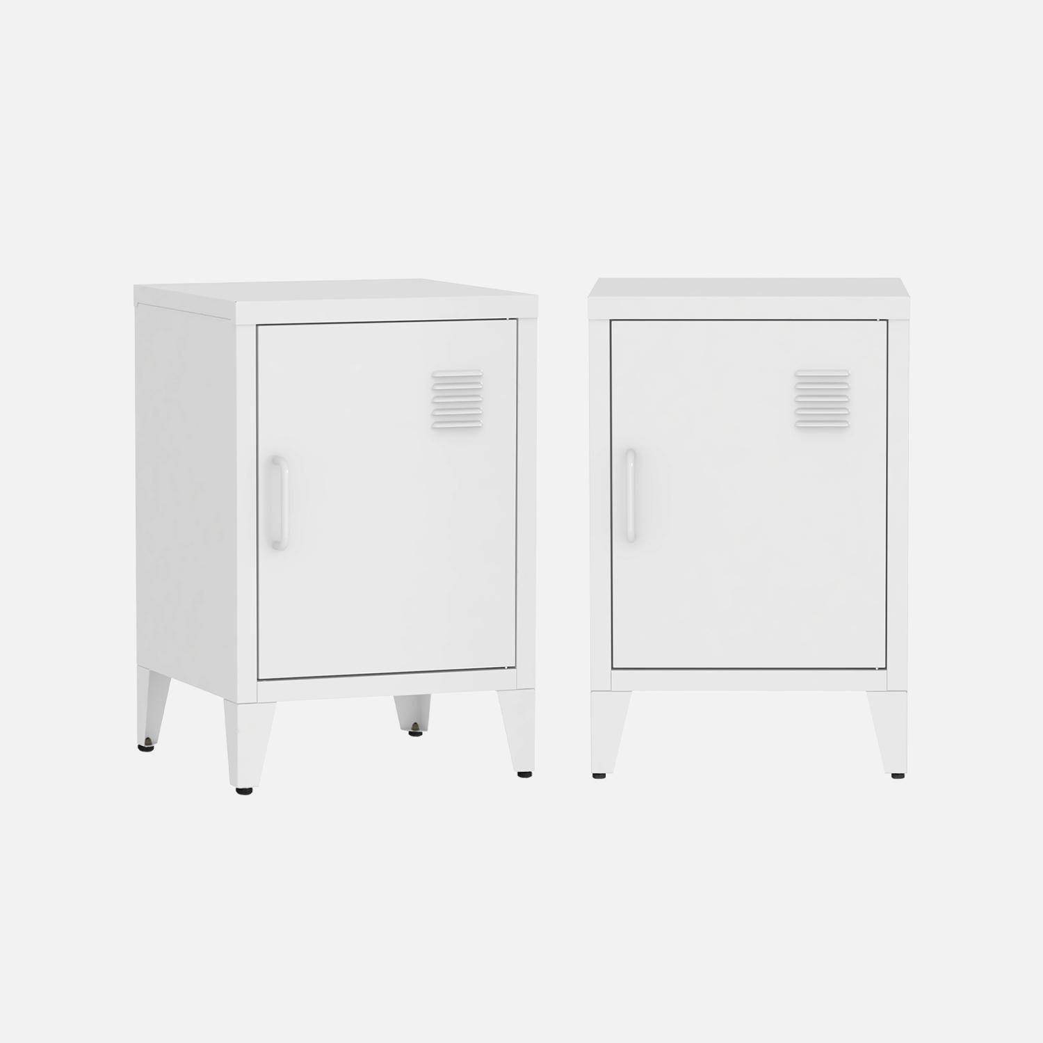 Lot de 2 tables de chevet en acier 1 porte, Blanc, casier, L 38 x P 38 x H 55,7 cm Photo3