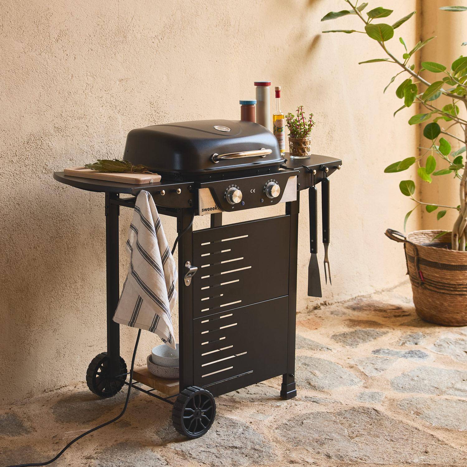 Barbecue électrique noir 2 brûleurs, acier émaillé 2300 W, L 100 x P 61 x H 121,5 cm Photo1