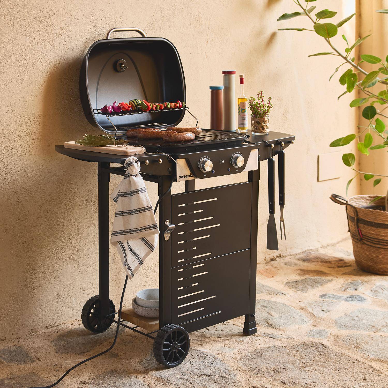 Barbecue électrique noir 2 brûleurs, acier émaillé 2300 W, L 100 x P 61 x H 121,5 cm Photo2