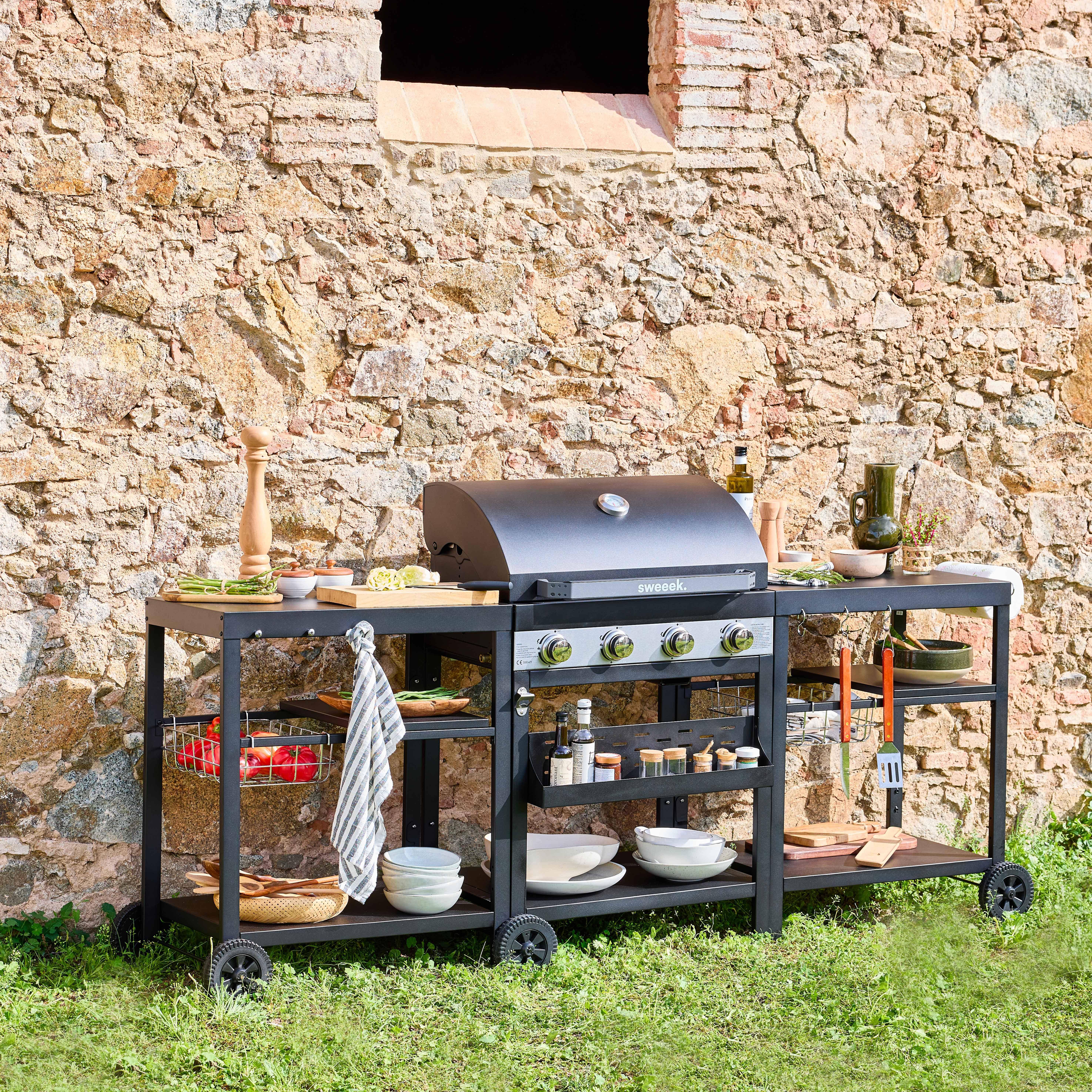 Barbecue 4 branders, buitenkeuken Danglars, zwart staal, L 223,5 x D 60,5 x H 142 cm Photo1
