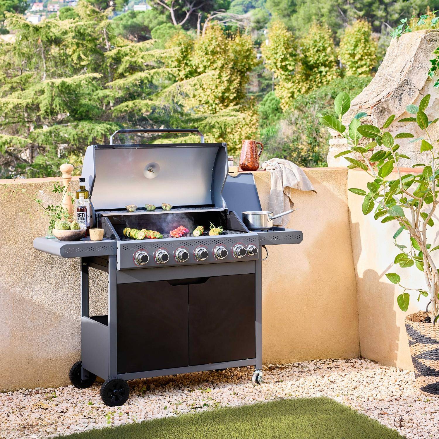 Barbecue au gaz Edmond noir - 6 brûleurs + 1 feu latéral, avec thermomètre, L 132x P62 x H143 cm Photo2
