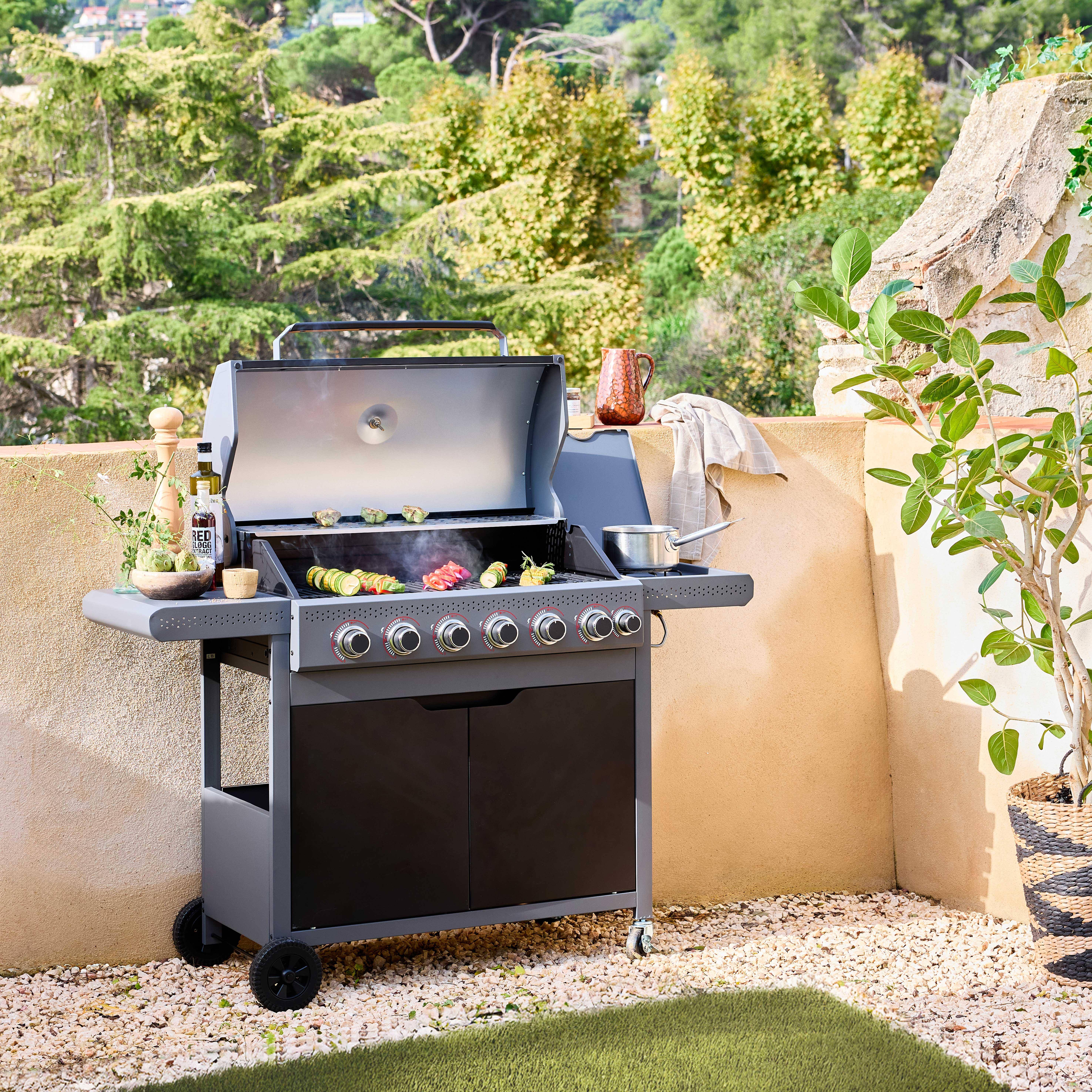 Barbecue au gaz Edmond noir - 6 brûleurs + 1 feu latéral, avec thermomètre, L 132x P62 x H143 cm Photo2