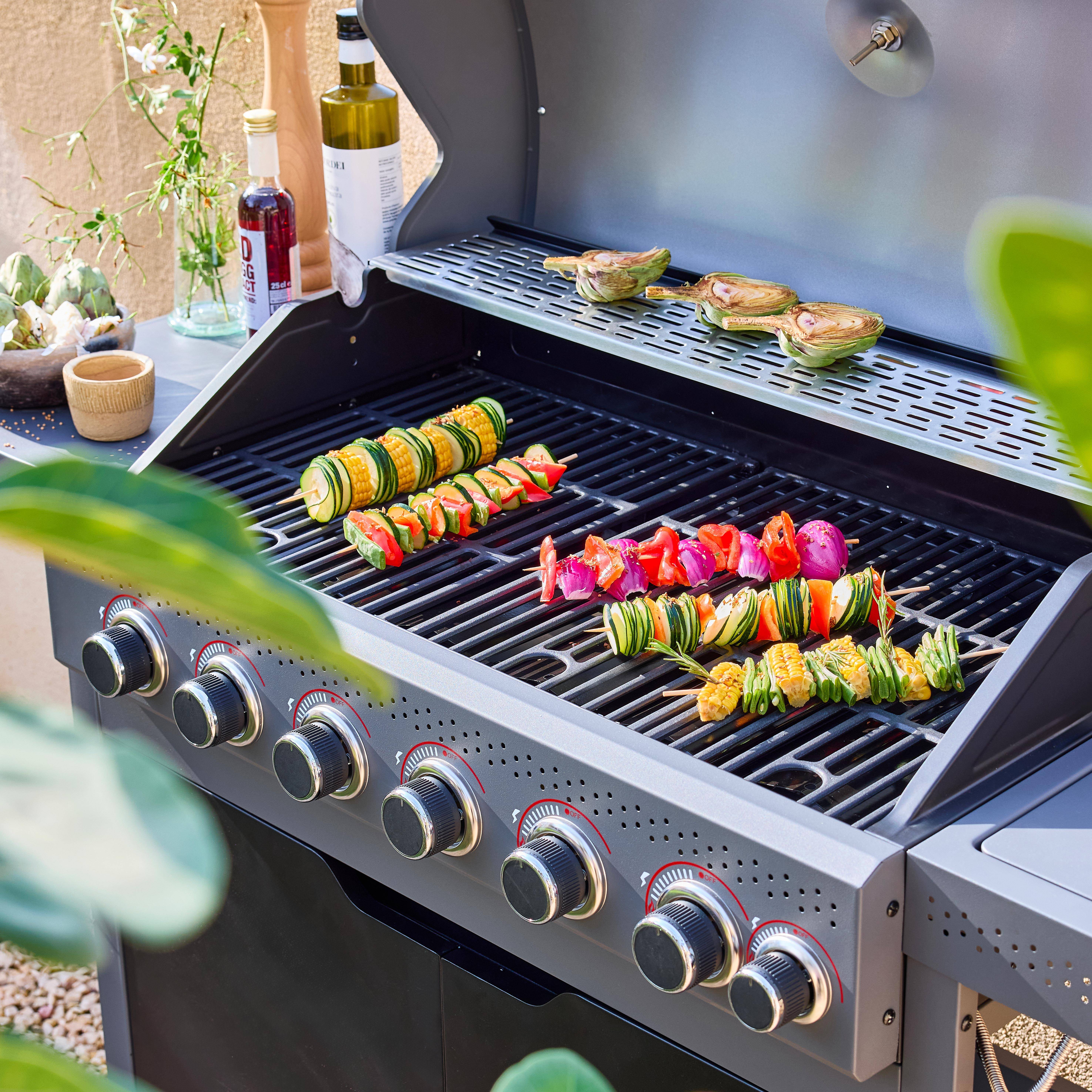 Barbecue au gaz Edmond noir - 6 brûleurs + 1 feu latéral, avec thermomètre, L 132x P62 x H143 cm Photo4