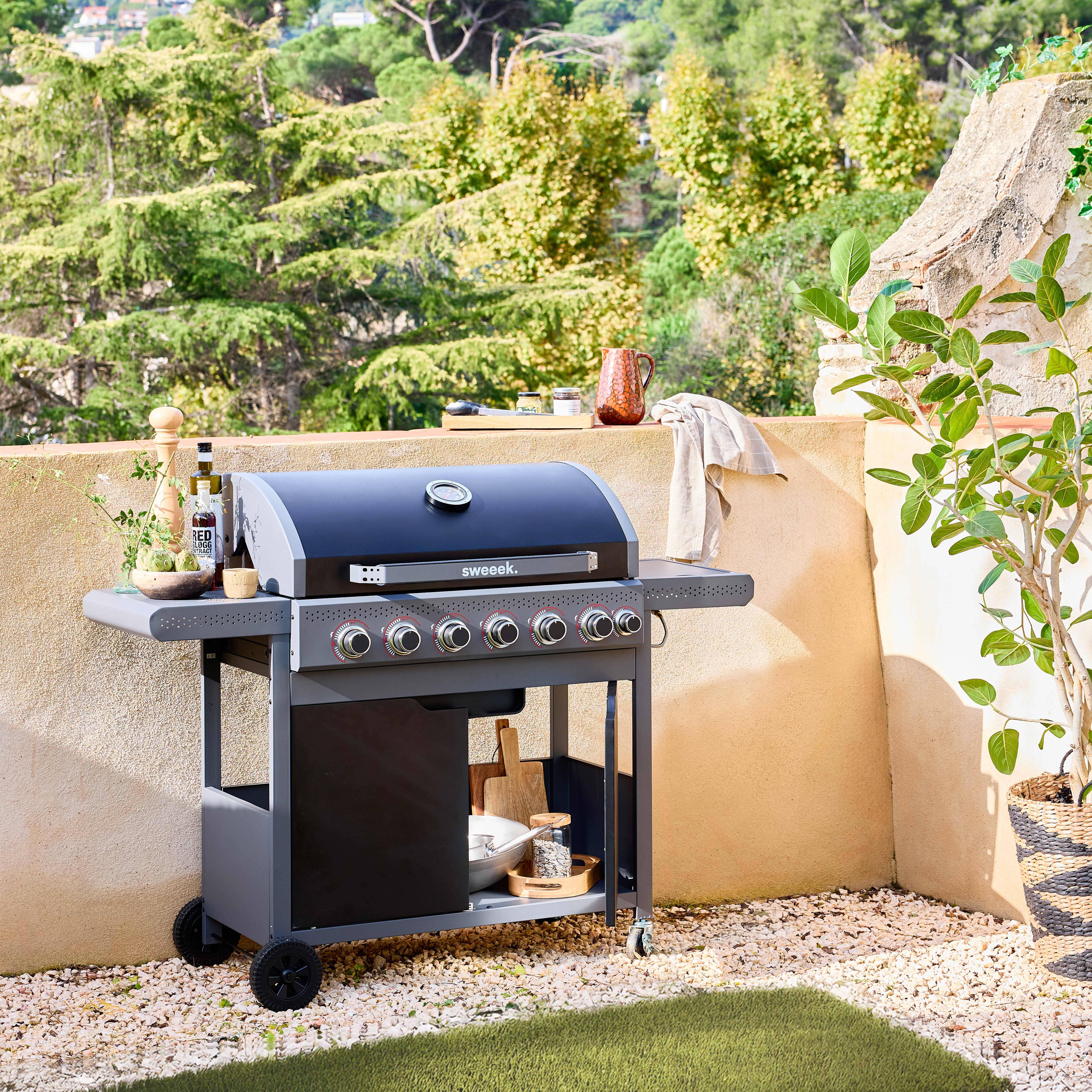 Barbecue au gaz Edmond noir - 6 brûleurs + 1 feu latéral, avec thermomètre, L 132x P62 x H143 cm Photo1