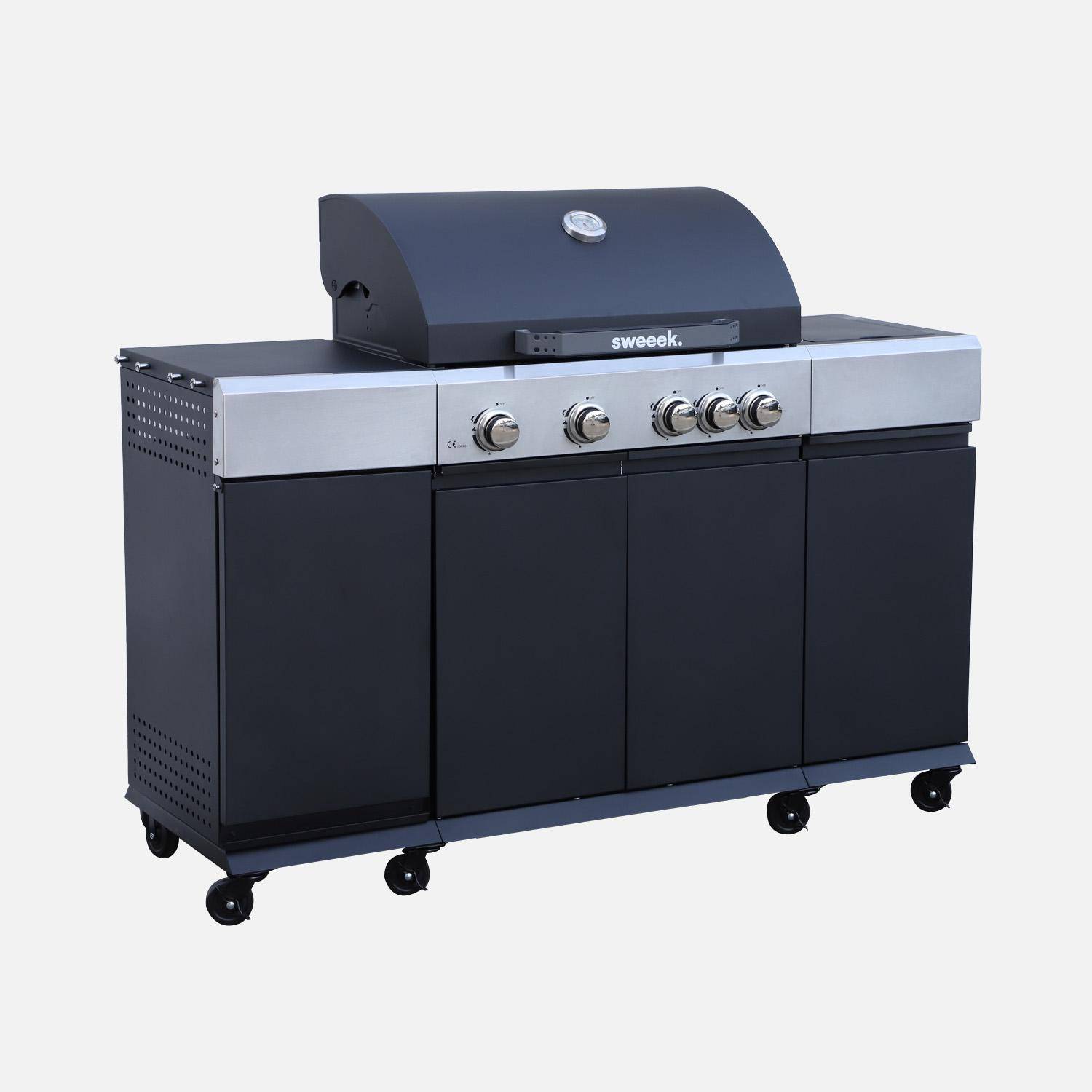 Gasbarbecue 4 branders + 1 zijbrander Maxim, zwart, Staal, geïntegreerde thermometer, vetopvangbak, warmhoudrek, L 145,5 x D 61,5 x H 143,5cm Photo10