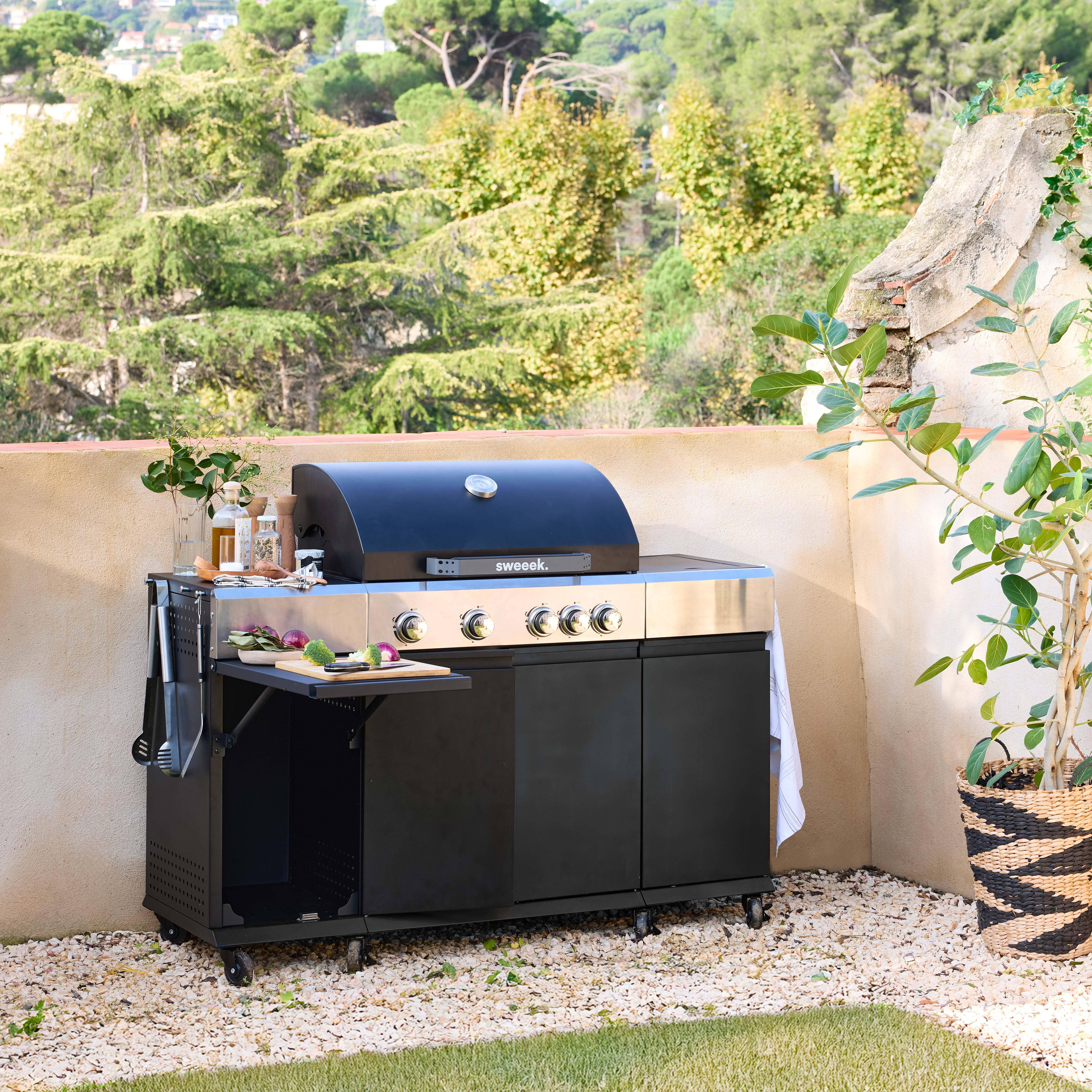 Gasbarbecue 4 branders + 1 zijbrander Maxim, zwart, Staal, geïntegreerde thermometer, vetopvangbak, warmhoudrek, L 145,5 x D 61,5 x H 143,5cm Photo1