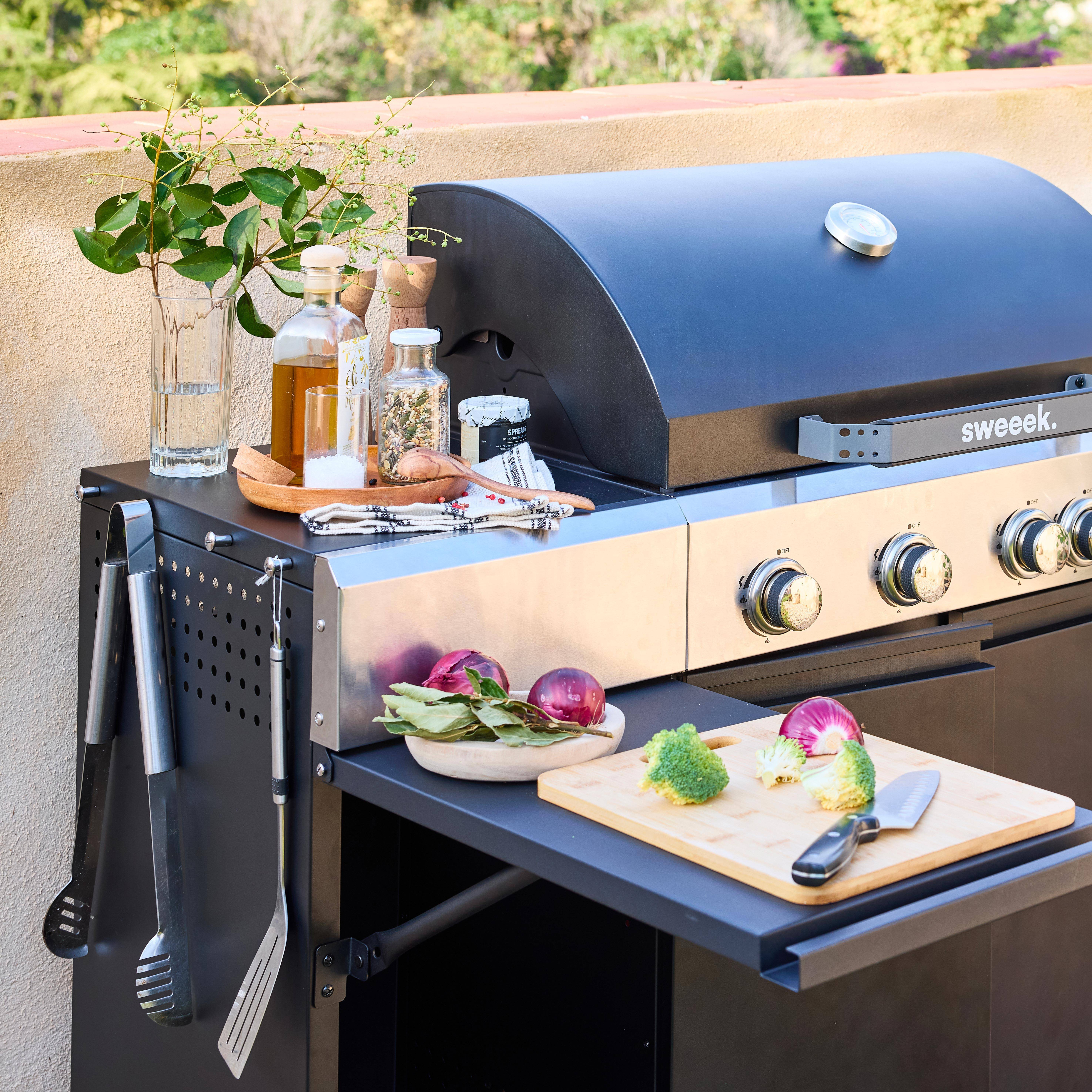 Gasgrill 4 Brenner + 1 Seitenbrenner Maxim schwarz, Stahl, integriertes Thermometer, Fettauffangsystem, Warmhaltegrill, L 145,5 x B 61,5 x H 143,5 cm Photo6