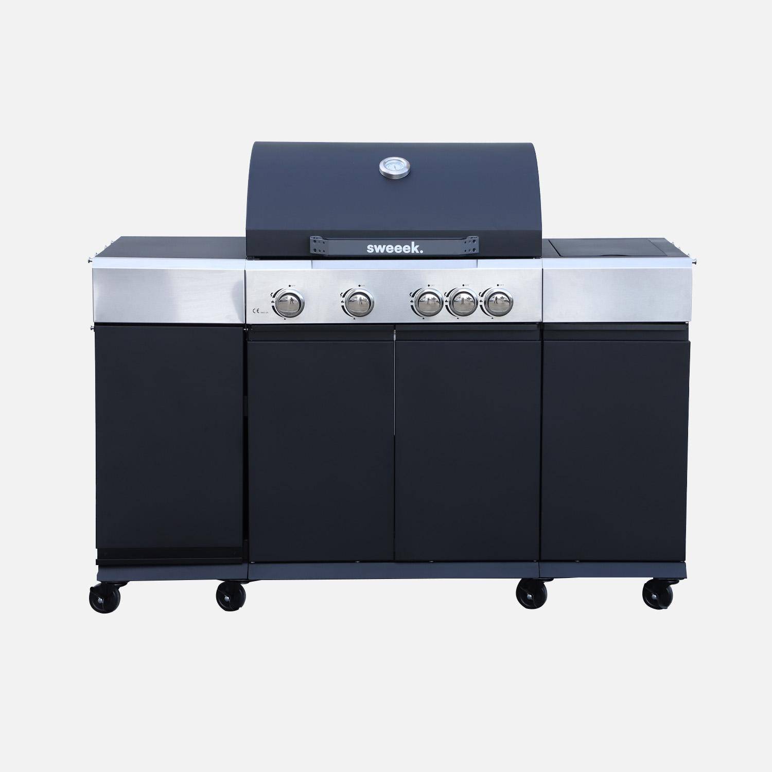 Gasgrill 4 Brenner + 1 Seitenbrenner Maxim schwarz, Stahl, integriertes Thermometer, Fettauffangsystem, Warmhaltegrill, L 145,5 x B 61,5 x H 143,5 cm,sweeek,Photo12