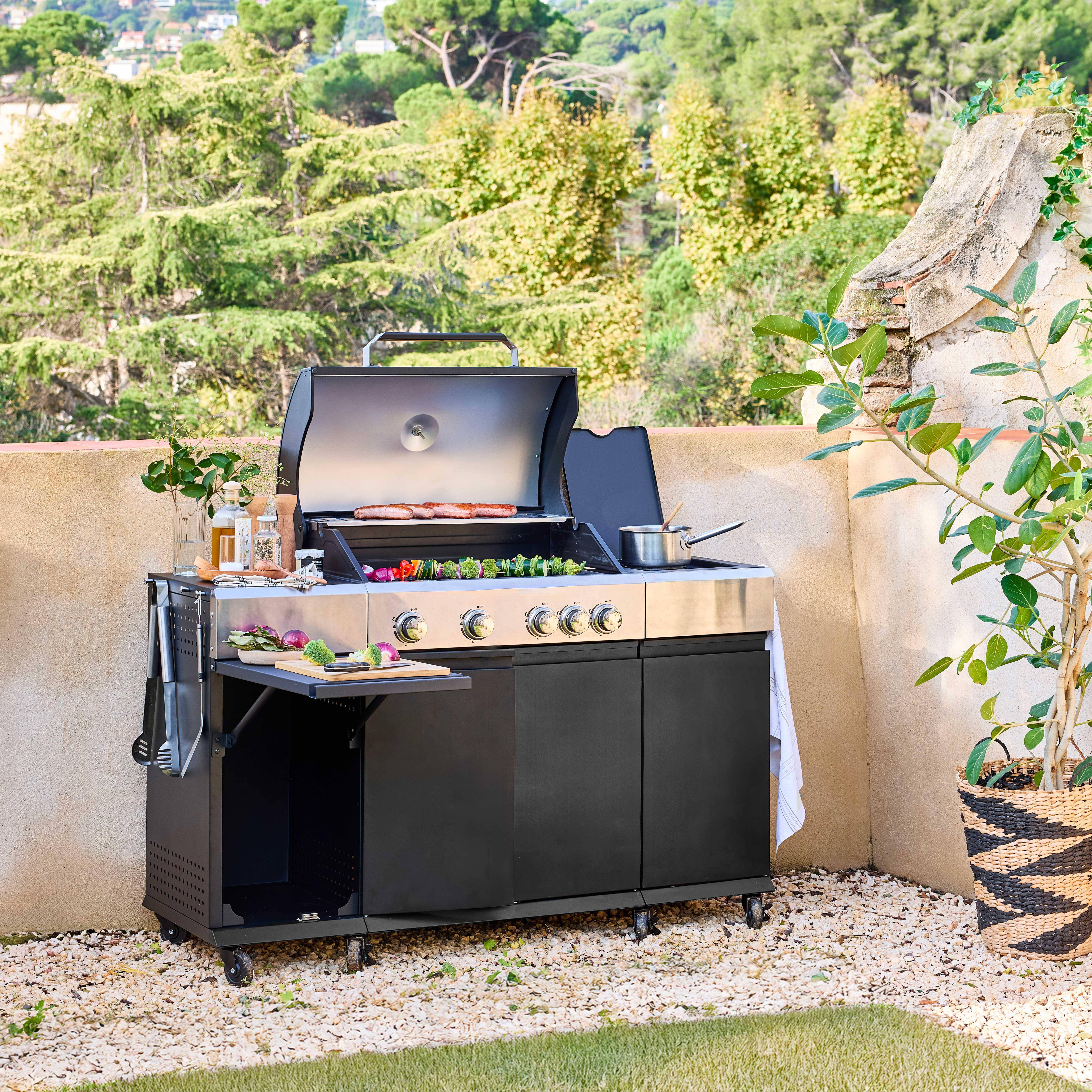 Gasgrill 4 Brenner + 1 Seitenbrenner Maxim schwarz, Stahl, integriertes Thermometer, Fettauffangsystem, Warmhaltegrill, L 145,5 x B 61,5 x H 143,5 cm,sweeek,Photo2