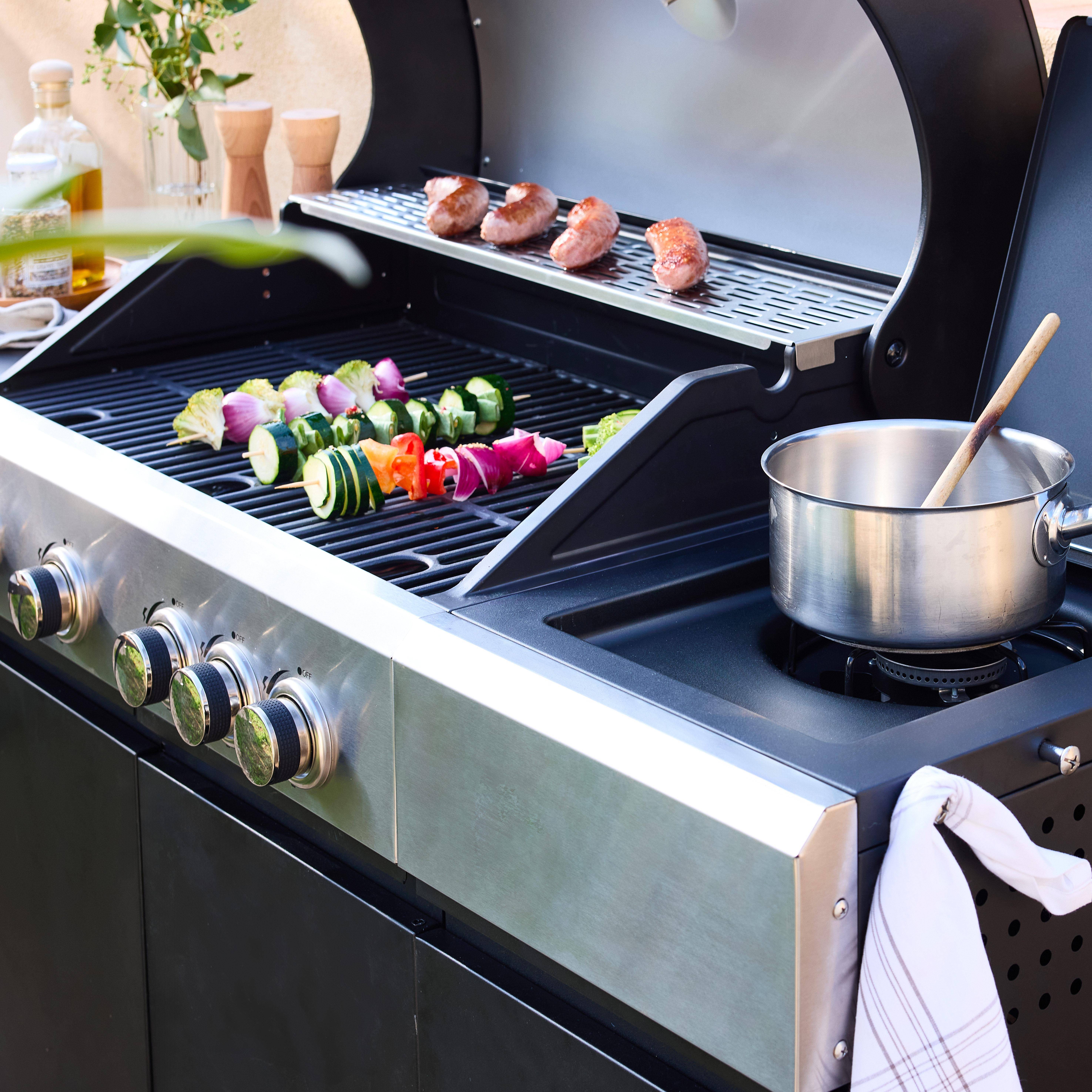 Gasgrill 4 Brenner + 1 Seitenbrenner Maxim schwarz, Stahl, integriertes Thermometer, Fettauffangsystem, Warmhaltegrill, L 145,5 x B 61,5 x H 143,5 cm Photo4