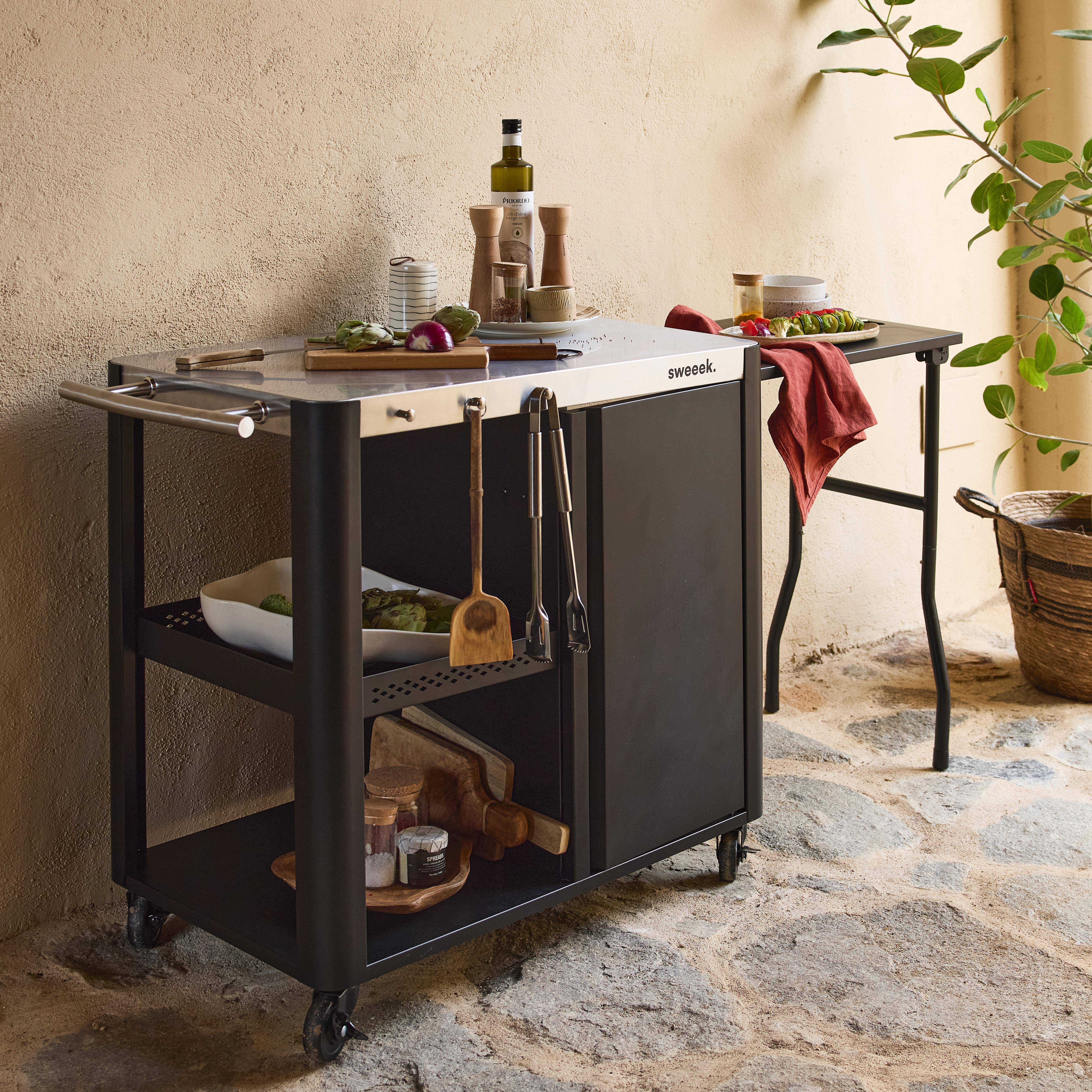 Desserte extérieure ANDY noire mat en acier inoxydable 94,5 cm avec tablette rabattable, L 156 x l 49,5 x H 80 cm Photo1