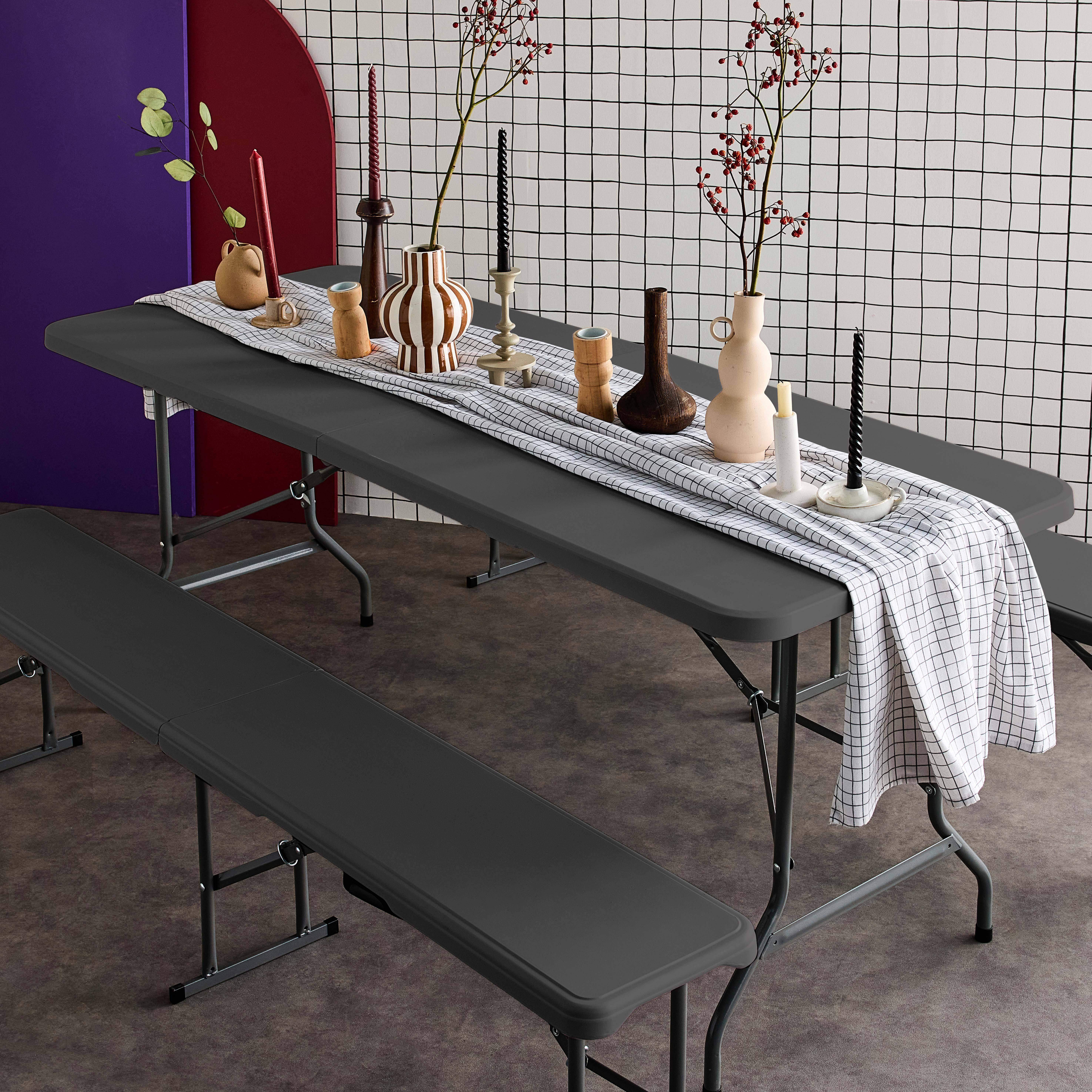 Set van tafel en banken, 180cm, opvouwbaar, met draaggreep, donkergrijs plastic, campingtafel Photo2