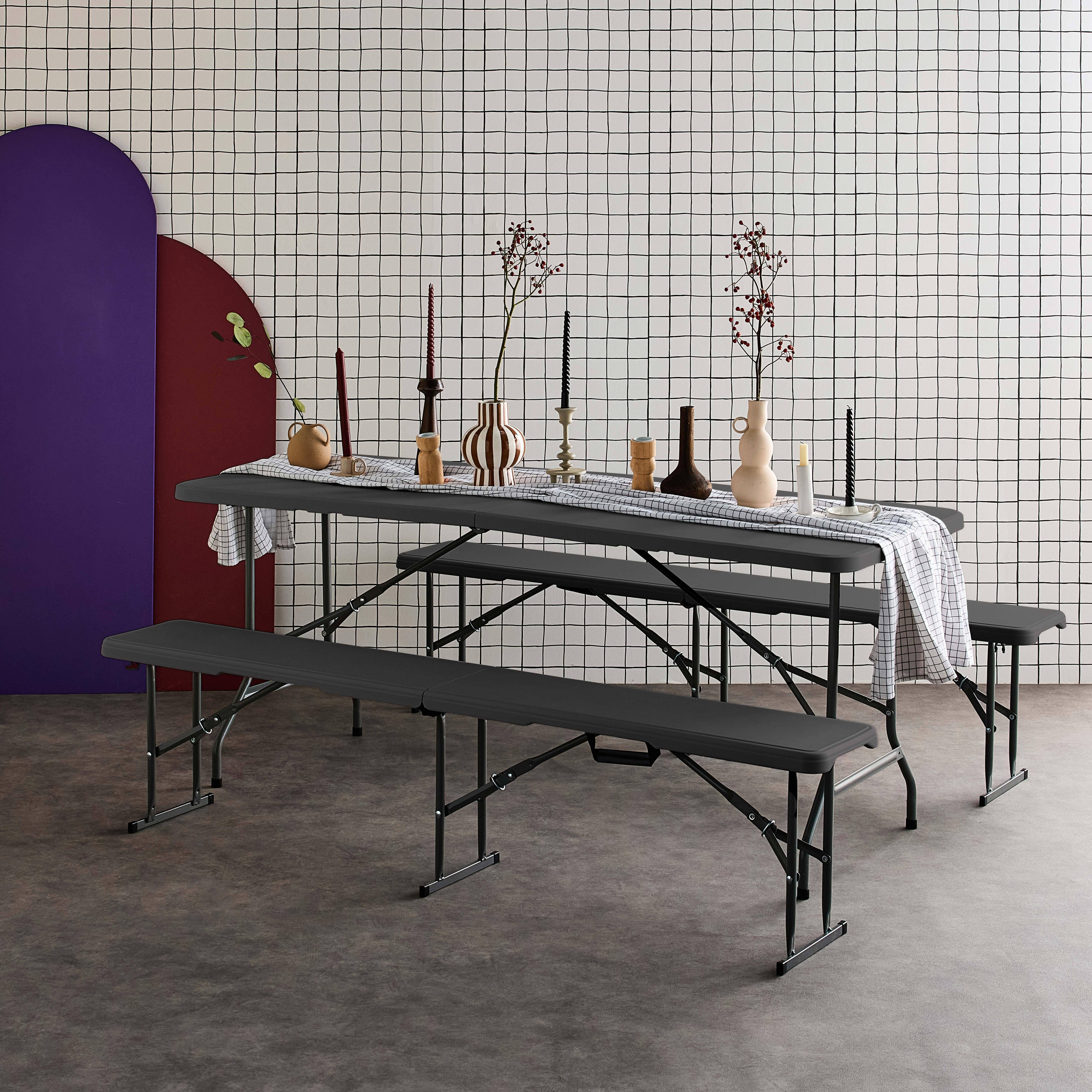 Set van tafel en banken, 180cm, opvouwbaar, met draaggreep, donkergrijs plastic, campingtafel Photo1