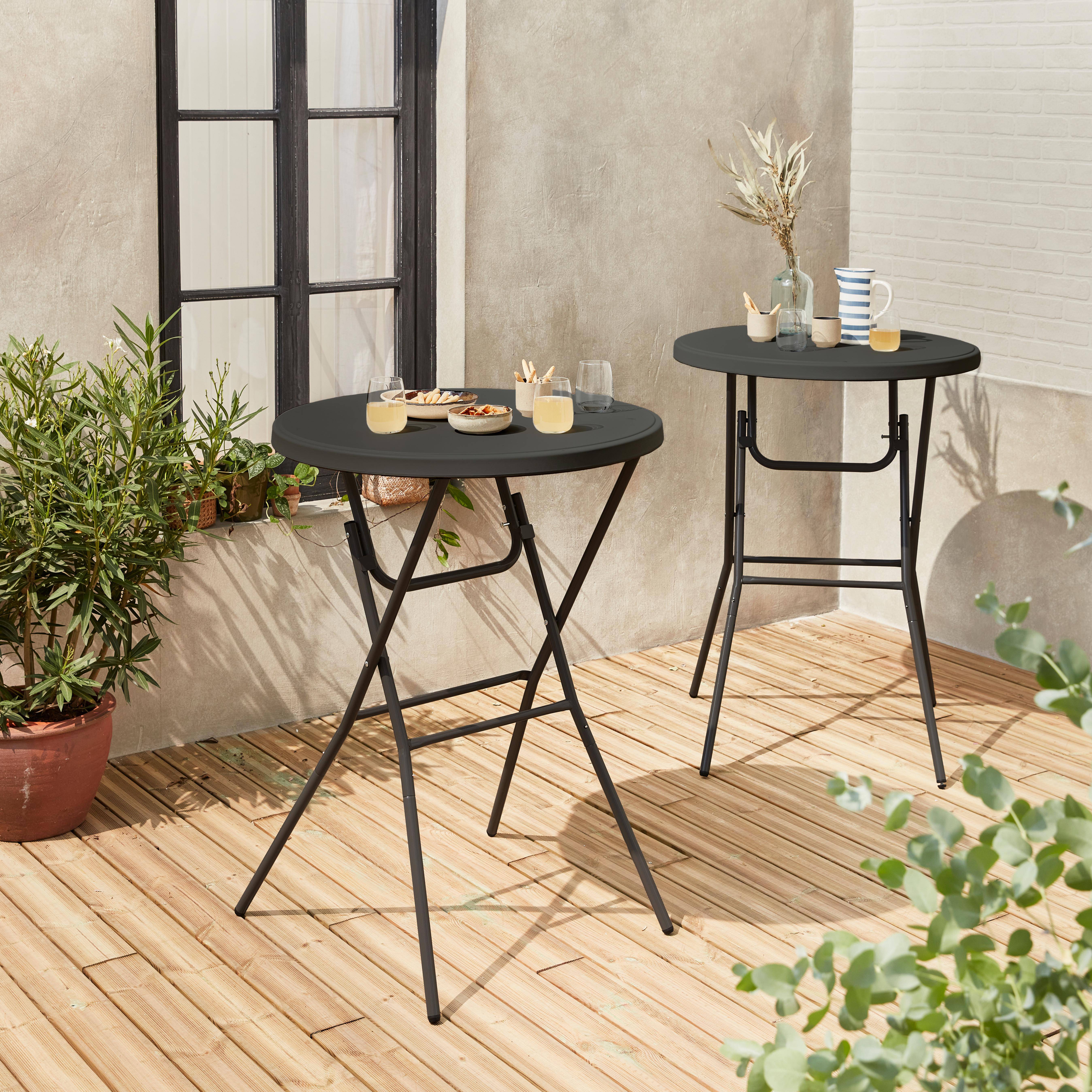 Lot de 2 tables hautes de réception – GALA – Mange debout, pliables, Ø80cm x 110cm, gris foncé Photo1