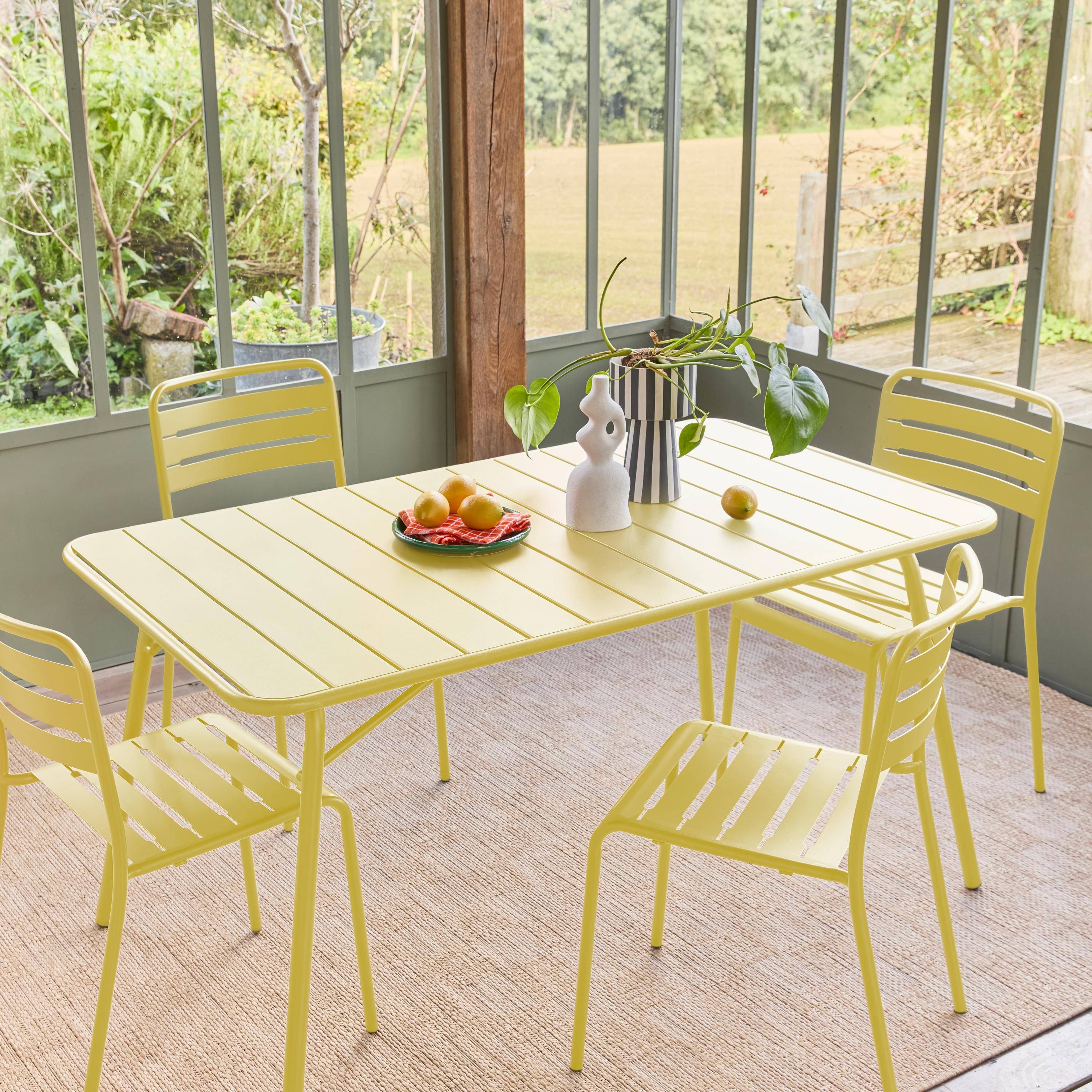 Table de jardin pliante métal 4 places, jaune, Amelia, 140x80cm, traitement antirouille, lattes et bords arrondis.  Photo3