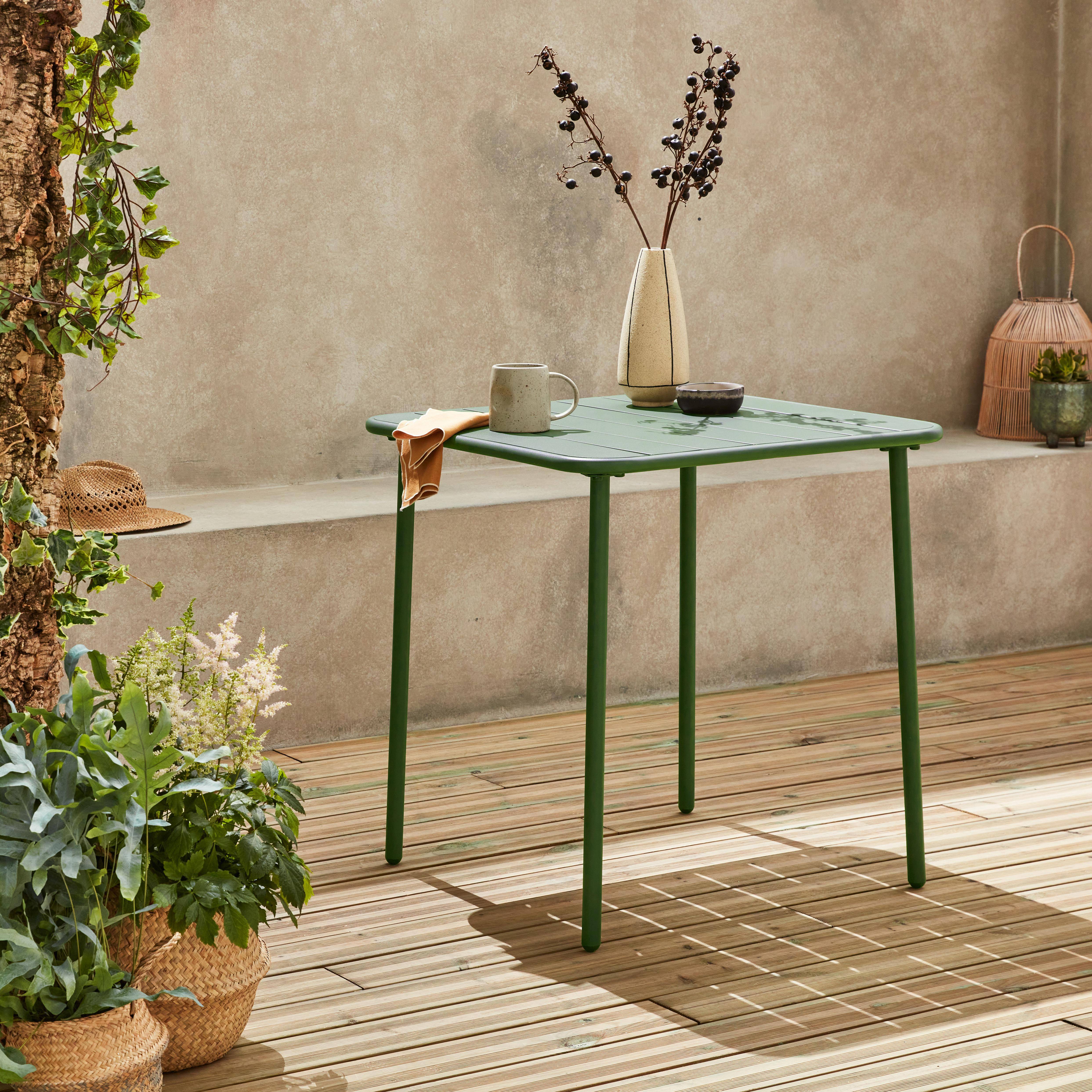 Gartentisch aus Metall für 2 Personen, grün, Amelia, 70x70cm, Rostschutzbehandlung, abgerundete Latten und Kanten Photo1