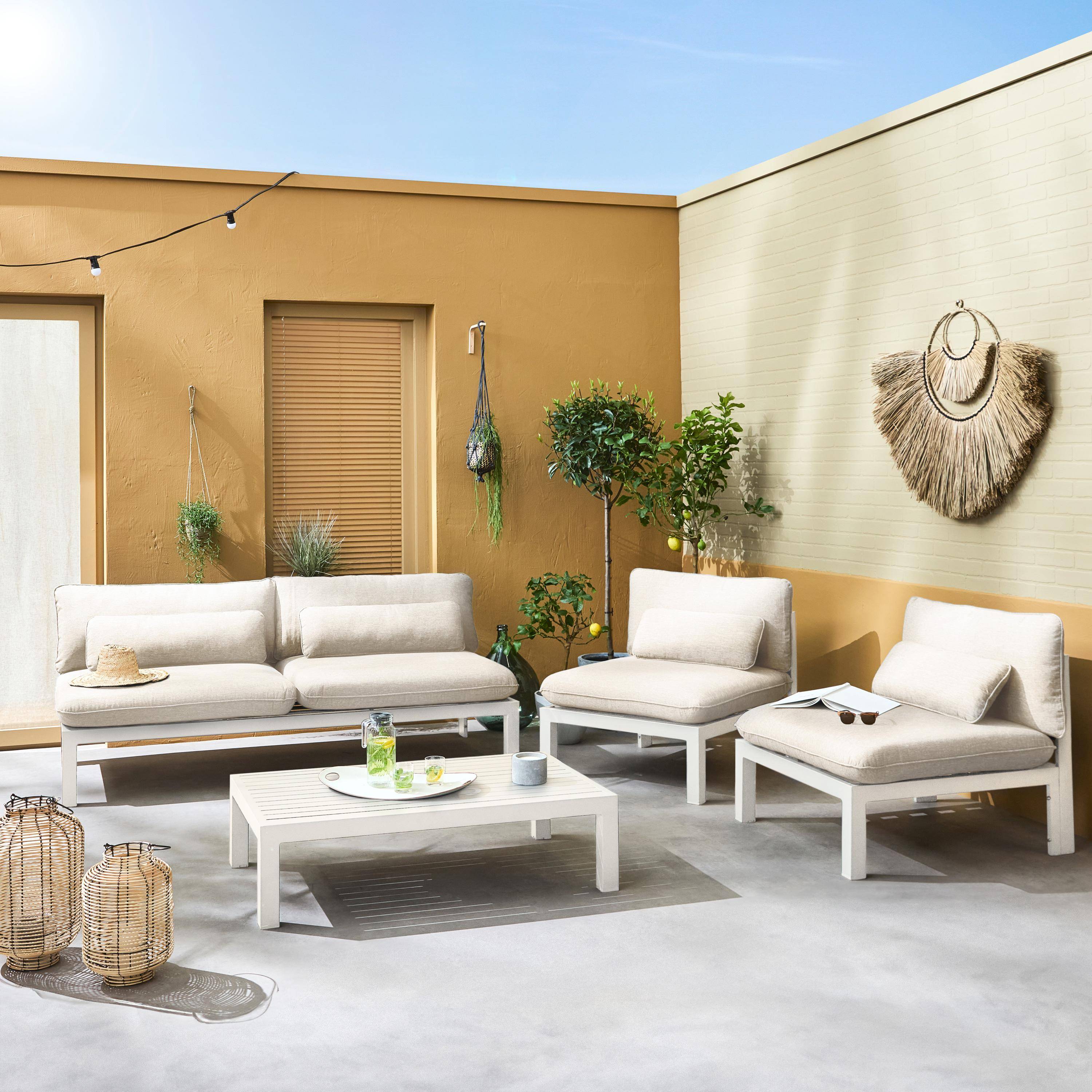Conjunto de sofá de jardim com estrutura em alumínio de 5 lugares, Rieti, Beige, 92x204x71.5 cm Photo2