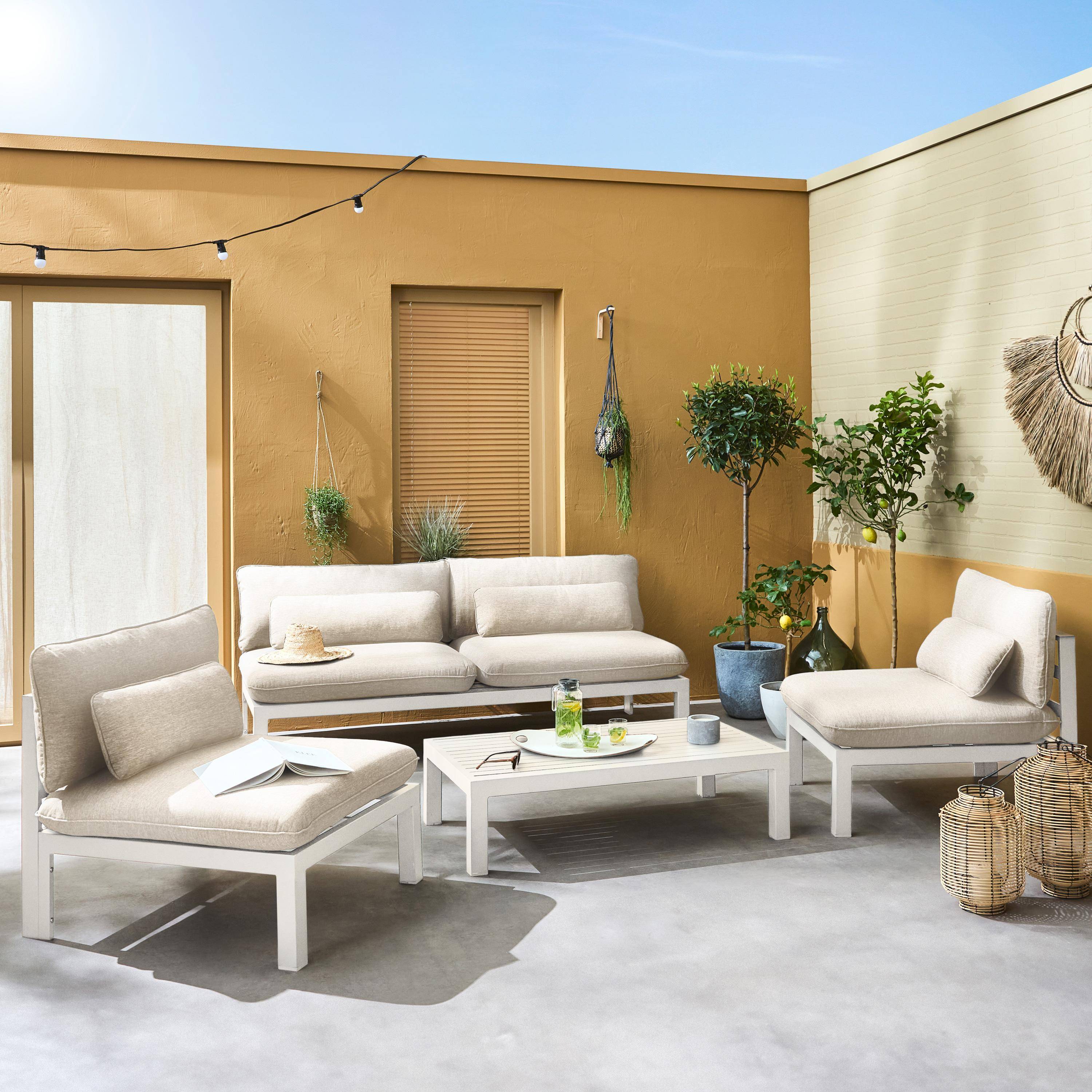 Conjunto de sofá de jardim com estrutura em alumínio de 5 lugares, Rieti, Beige, 92x204x71.5 cm Photo1